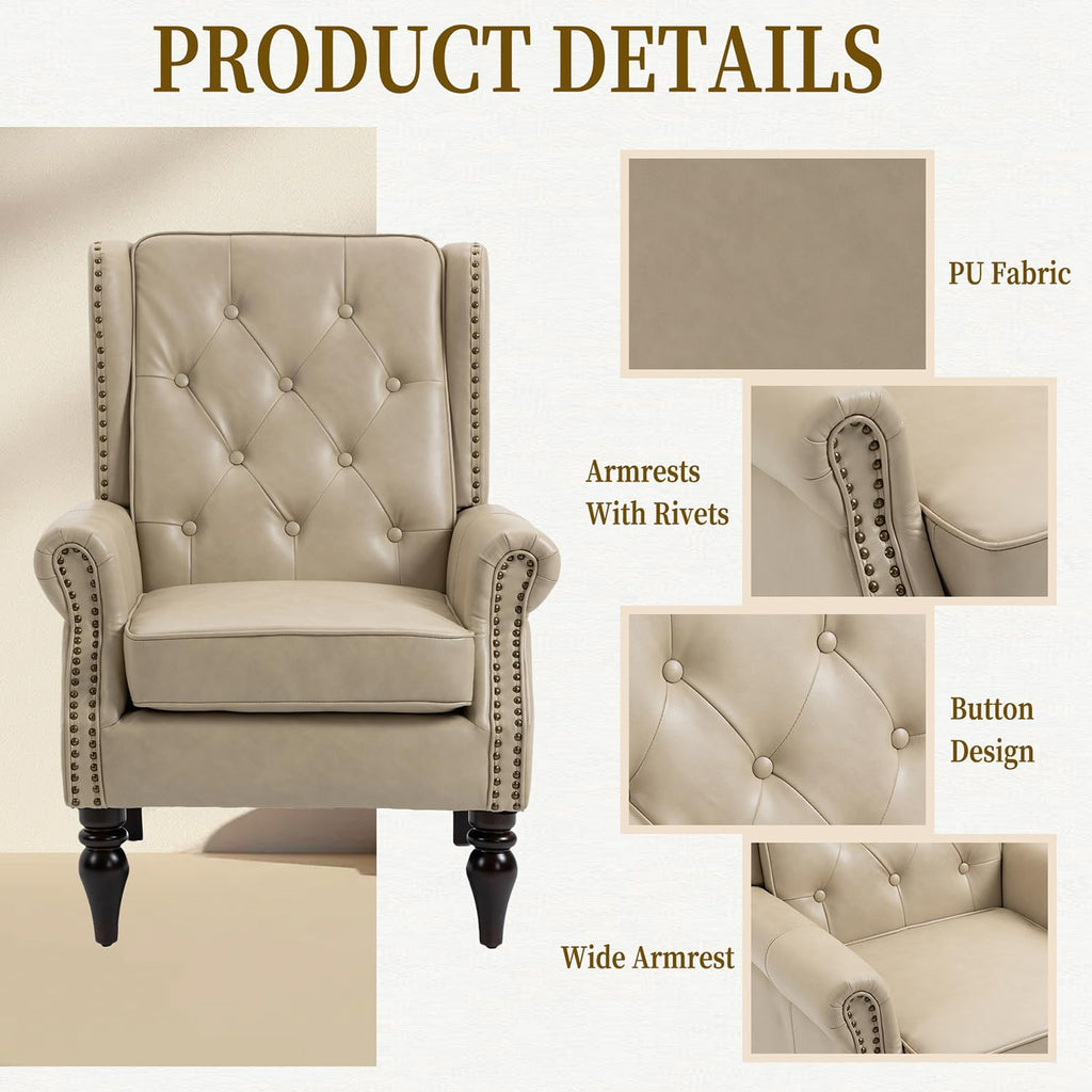 Mid-Century High Wingback Chair Set of 2,Faux Leather Accent Chair Armchair with Buttons,Modern Living Room Chairs with Rivet Decoration,Leisure Single Sofa Chair for Bedroom,Home Reception,Camel