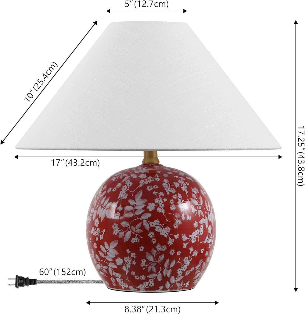 JONATHAN Y 17.25' Red/White Modern Cottage Floral Ceramic Globe Table Lamp for Bedroom, White Linen Shade, LED Bulb Included, French Country Home Decor (JYL5508B)