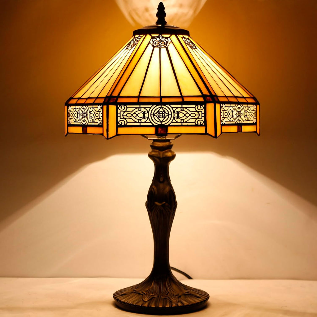WERFACTORY Tiffany Lamp Yellow Hexagon Stained Glass Mission Style Table Lamp Desk Bedside Reading Light 12X10X18 Inches Decor Bedroom Living Room Home Office S011 Series