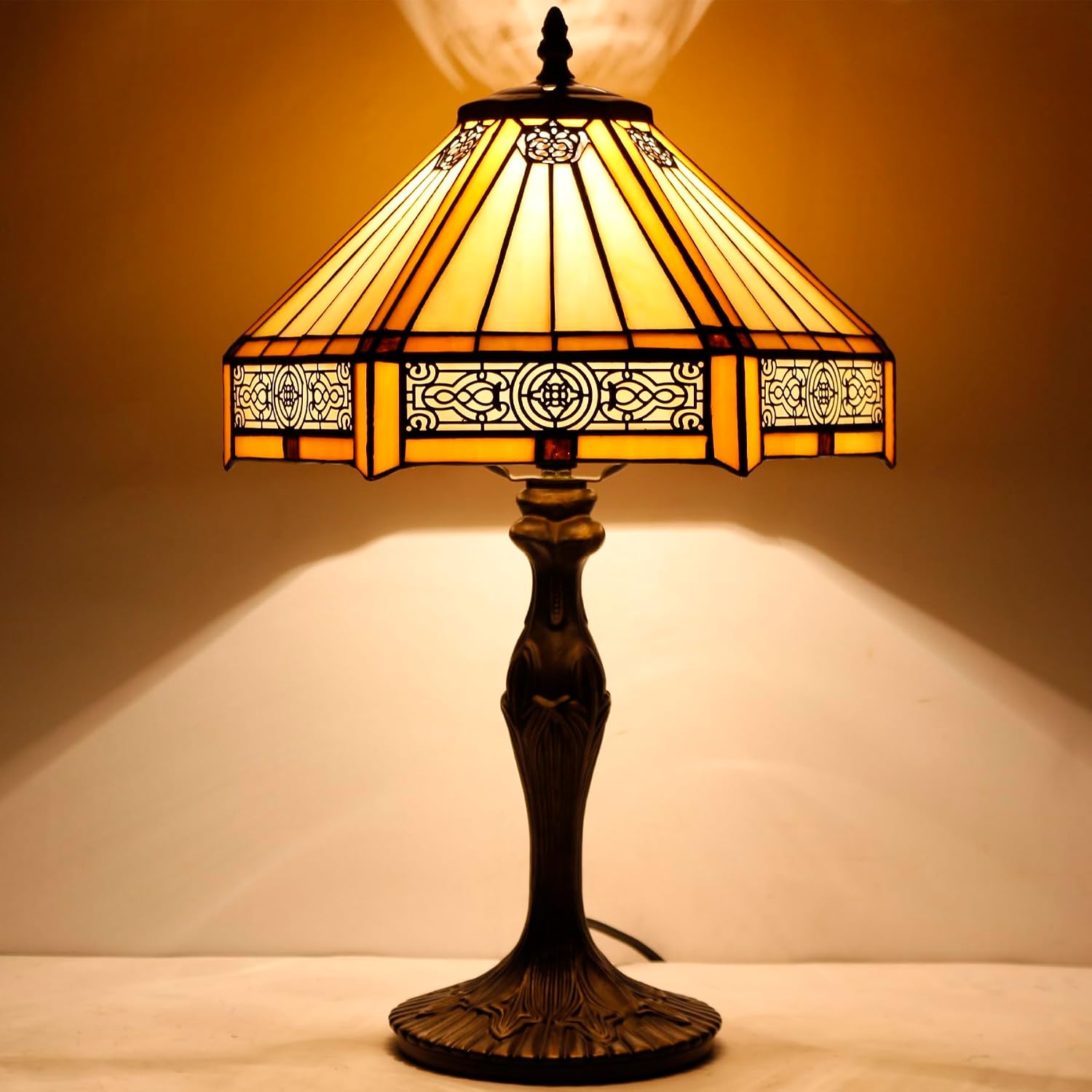 WERFACTORY Tiffany Lamp Yellow Hexagon Stained Glass Mission Style Table Lamp Desk Bedside Reading Light 12X10X18 Inches Decor Bedroom Living Room Home Office S011 Series