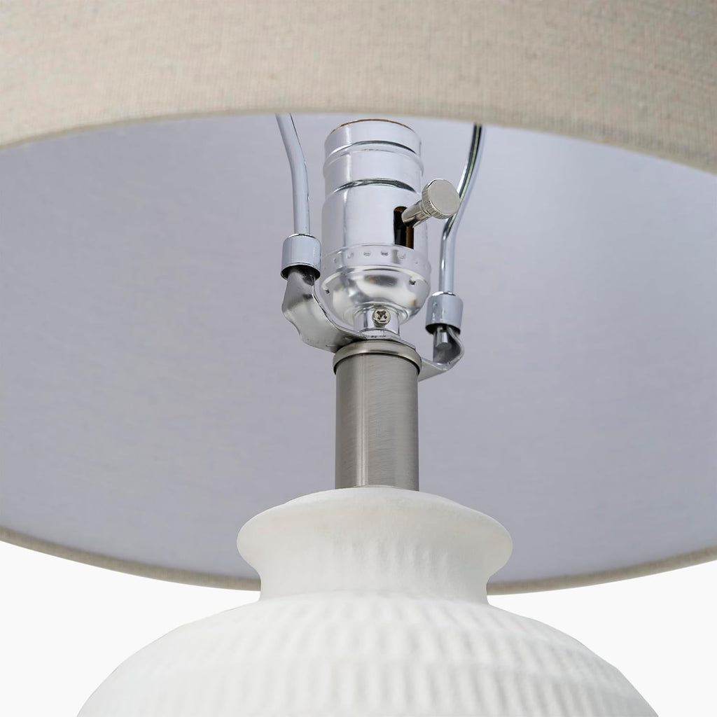 Nourison Home 24' White Farmhouse Textured Ceramic Table Lamp with Beige Linen Shade for Bedroom, Living Room,Entryway