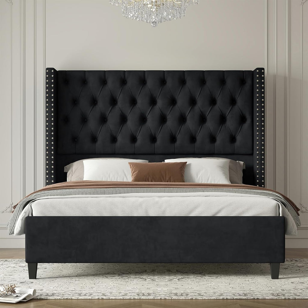 Jocisland Queen Size Velvet Upholstered Platform Bed Frame with 52' Tall Wingback Headboard, Deep Button Tufting, No Box Spring Required, Elegant Black