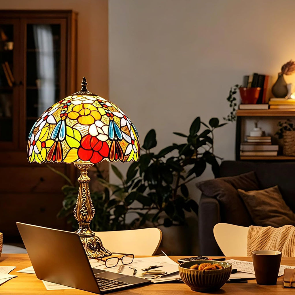 Tiffany Style Stained Glass Table Lamp, Floral Flower Desk Light with Antique Bronze Resin Base, Colorful Decorative Lighting for Bedroom, Living Room, Office 12X12X19 Inch (Flower Floral)