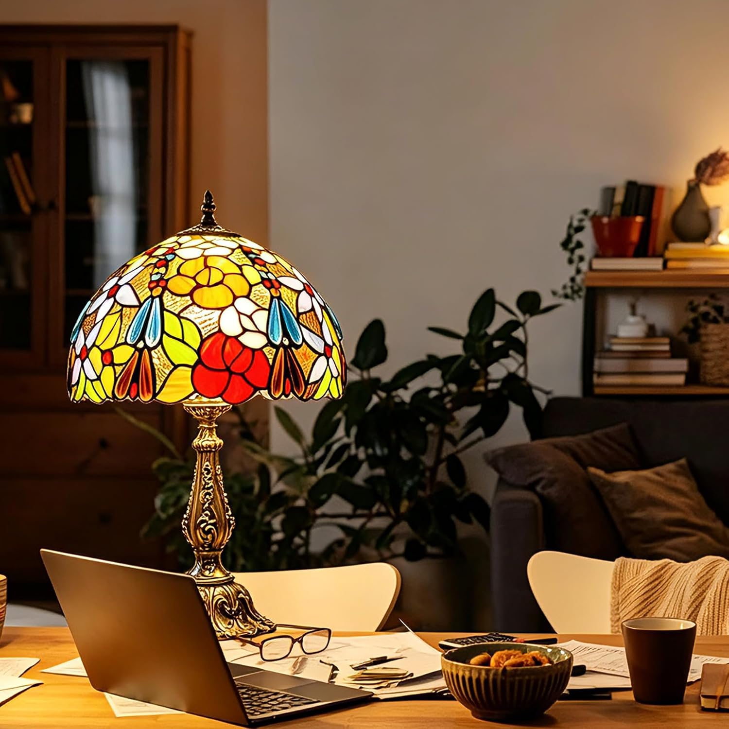 Tiffany Style Stained Glass Table Lamp, Floral Flower Desk Light with Antique Bronze Resin Base, Colorful Decorative Lighting for Bedroom, Living Room, Office 12X12X19 Inch (Flower Floral)