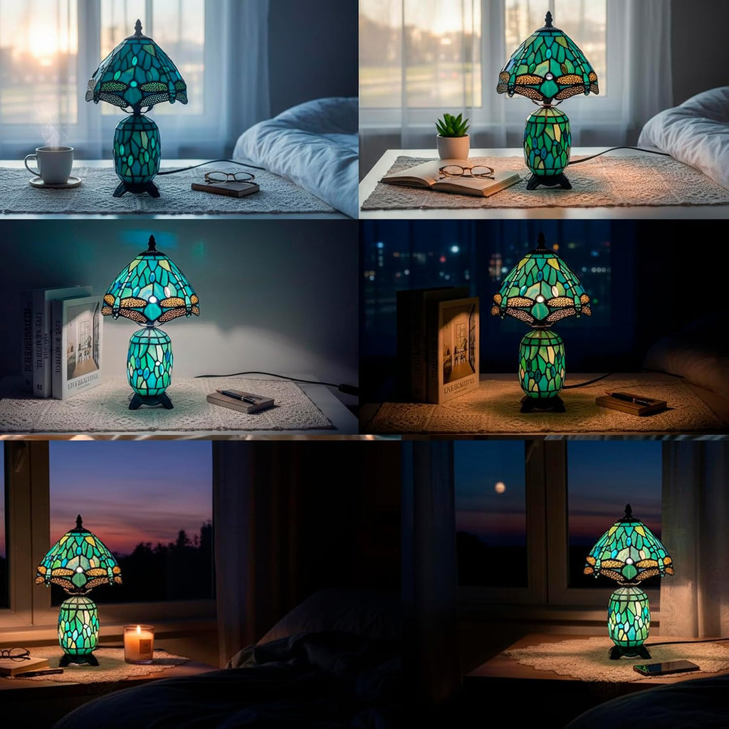 Small Tiffany Lamp Stained Glass Table Lamp Mini Mother Daughter Vase Desk Accent Light for Bedroom Bedside Reading Home Antique Style Decor 8X14 Inches (Sea Blue Dragonfly)