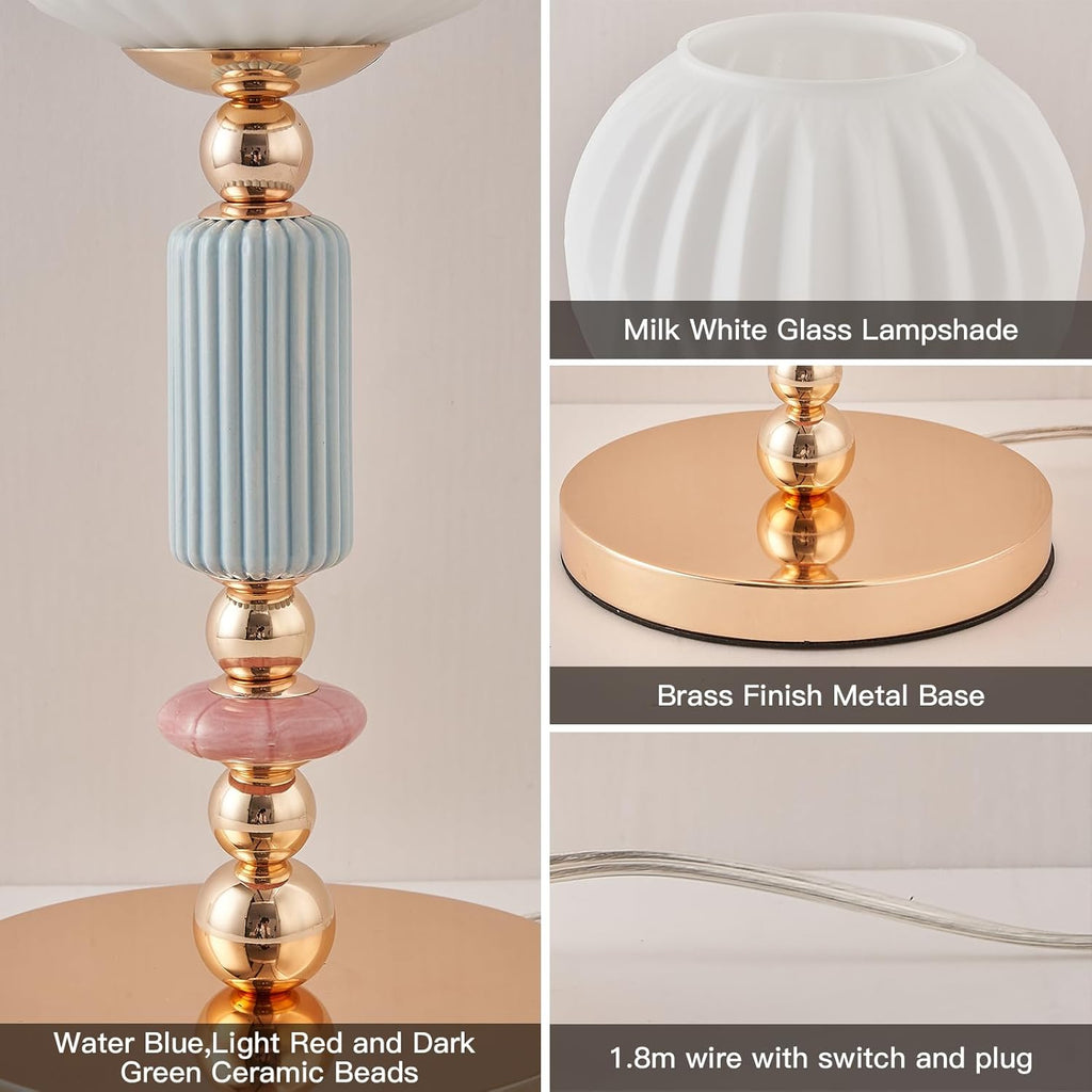 Modern Milk White Glass Table Lamp Bedside Nightstand Lamp Metal Desk Light with Plug Cord Switch for Bedroom Living Room Dining Room