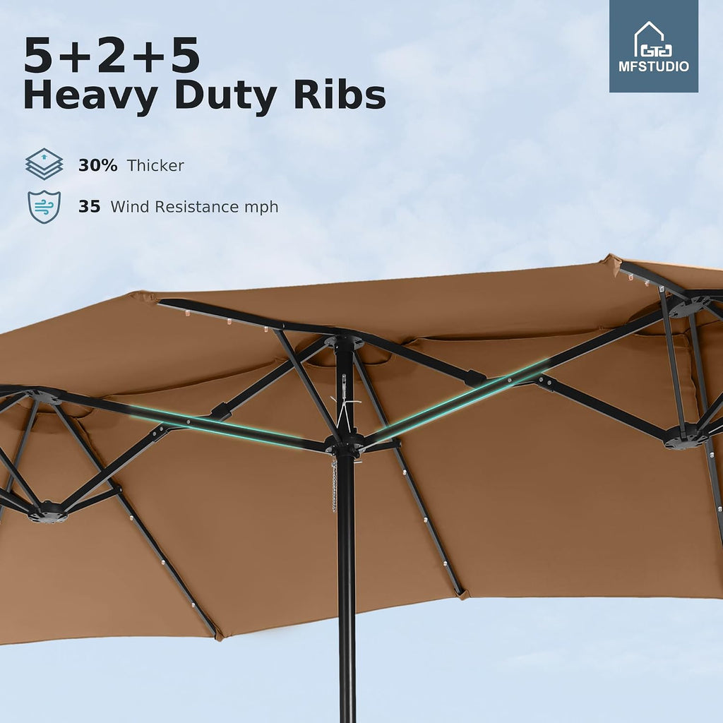 MFSTUDIO 15ft Double Sided Patio Umbrella with Solar Lights, Outdoor Large Umbrellas with Crank Handle and 36 LED Lights, Rectangular Market Umbrella with Base Included for Deck Pool Shade, Tawny