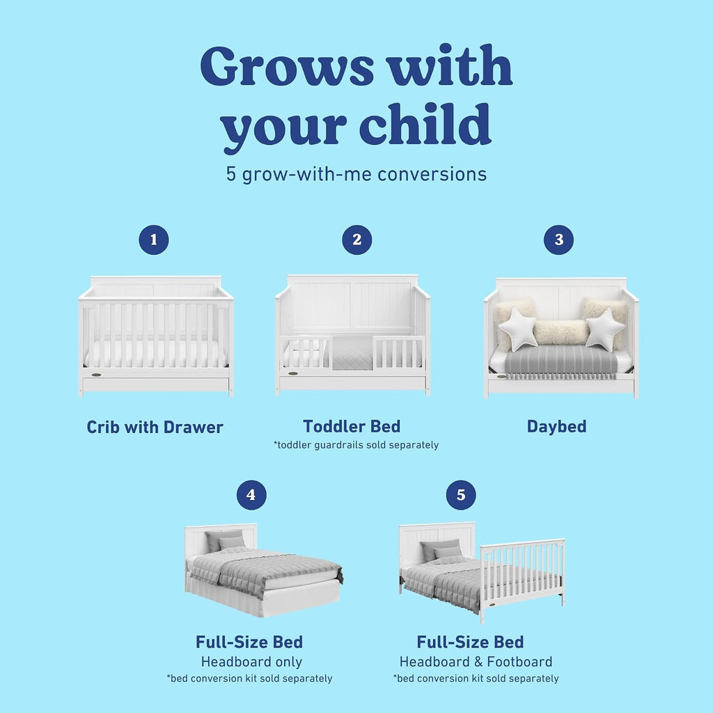 Graco Hadley 5-in-1 Convertible Crib with Drawer – GREENGUARD Gold Certified, Fits Standard Crib Mattress, Converts to Toddler Bed, Daybed and Full Bed, 4 Adjustable Mattress Heights (White)