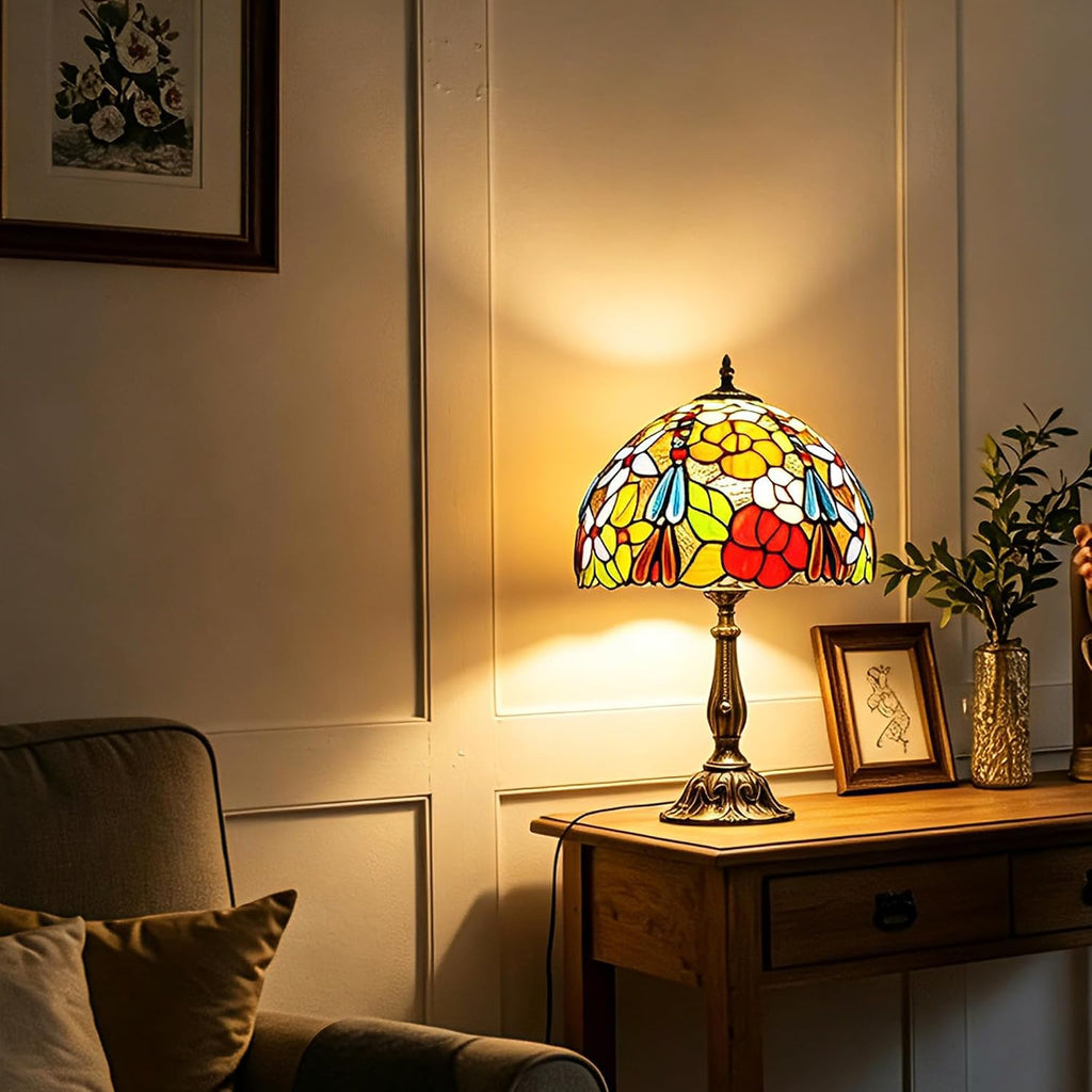 Tiffany Style Stained Glass Table Lamp, Floral Flower Desk Light with Antique Bronze Resin Base, Colorful Decorative Lighting for Bedroom, Living Room, Office 12X12X19 Inch (Flower Floral)