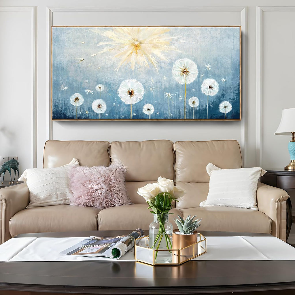 Nicetop Extra Large Framed Artwork for Walls– Giant Blue Floral Wall Picture with Wood Frame Dandelion Flower Plant Canvas Print Landscape Wall Art for Big Living Room,Office or Bedroom, 58x29Inch