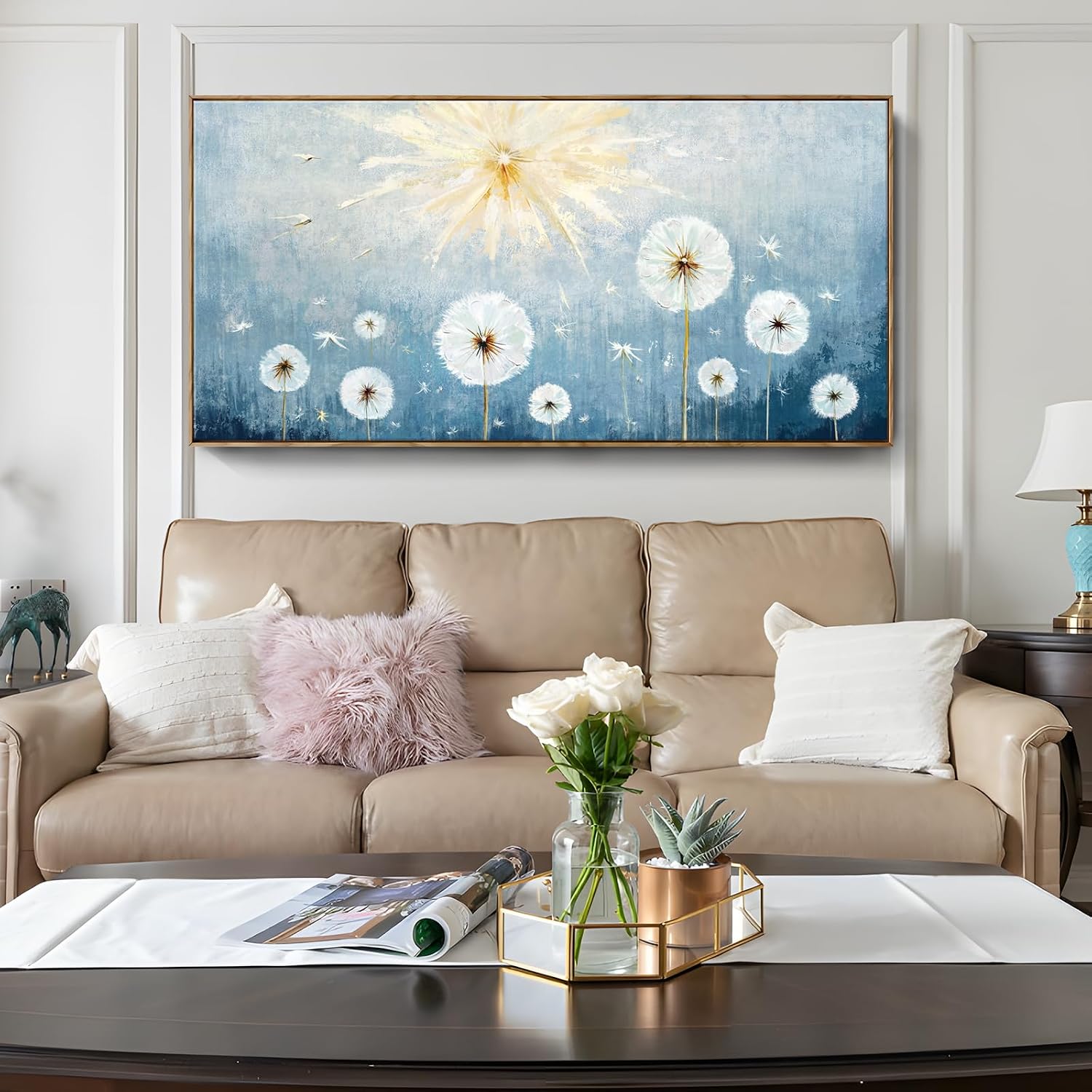Nicetop Extra Large Framed Artwork for Walls– Giant Blue Floral Wall Picture with Wood Frame Dandelion Flower Plant Canvas Print Landscape Wall Art for Big Living Room,Office or Bedroom, 58x29Inch