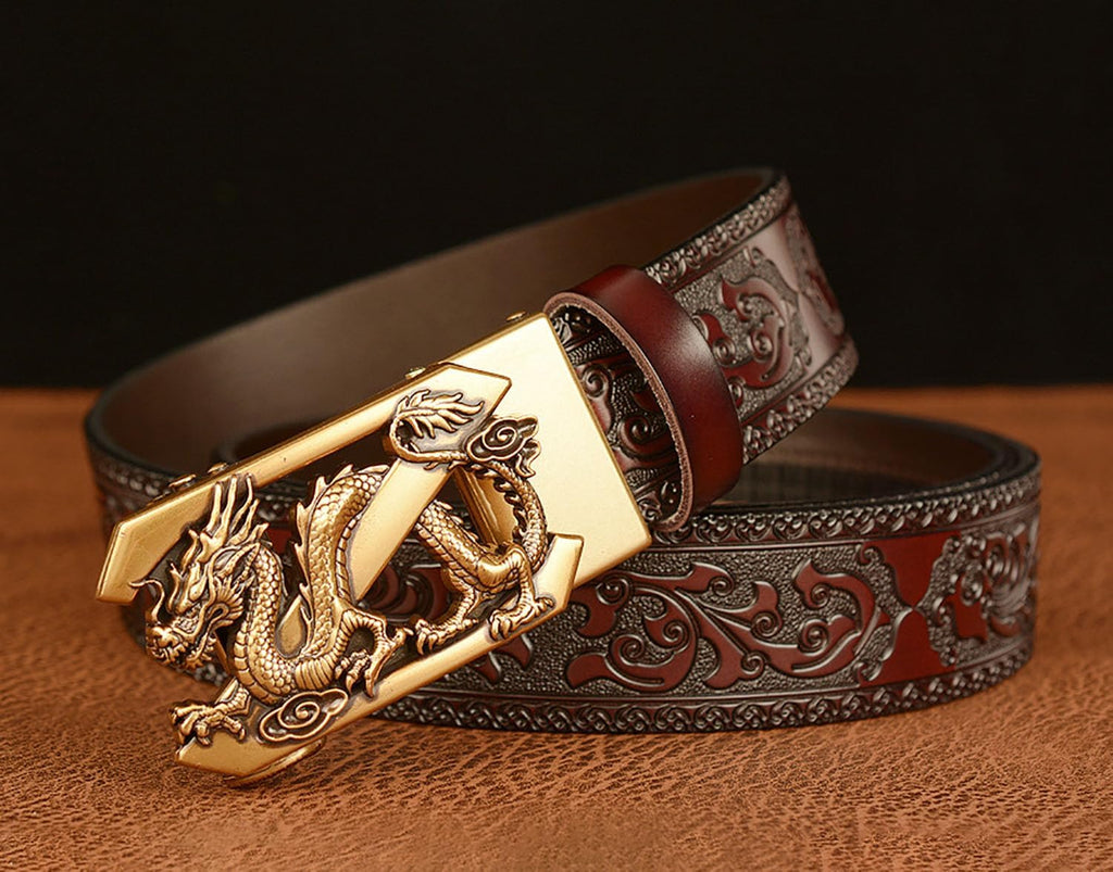 Mens Ratchet Leather Belt, Genuine Leather belts, Engraved Vintage Dragon Eagle Tiger Buckle, Business leisure belt