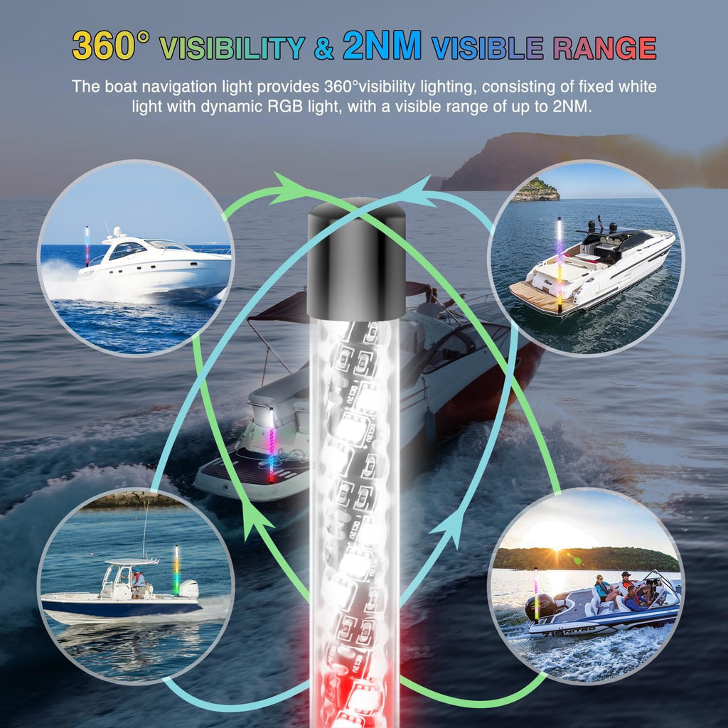 Nilight Boat Navigation Light 5FT Spiral LED Whip Lights 360° Visibility 2NM Coast Guard Compliant 400+ Patterns with Remote Plug-in Base Boats Stern Navlight for Night Fishing, Yacht, Pontoon
