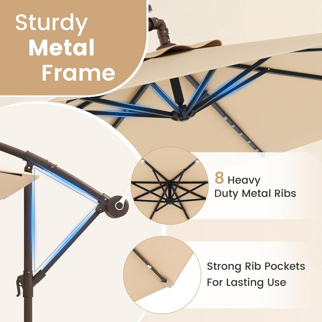 Tangkula 10FT Offset Patio Umbrella with Base Included, Outdoor Cantilever Umbrella with 40 Solar LED Lights, Tilt Adjustment, Crank Handle, Vented Top, Sand Bags for Pool Yard Deck (Beige)