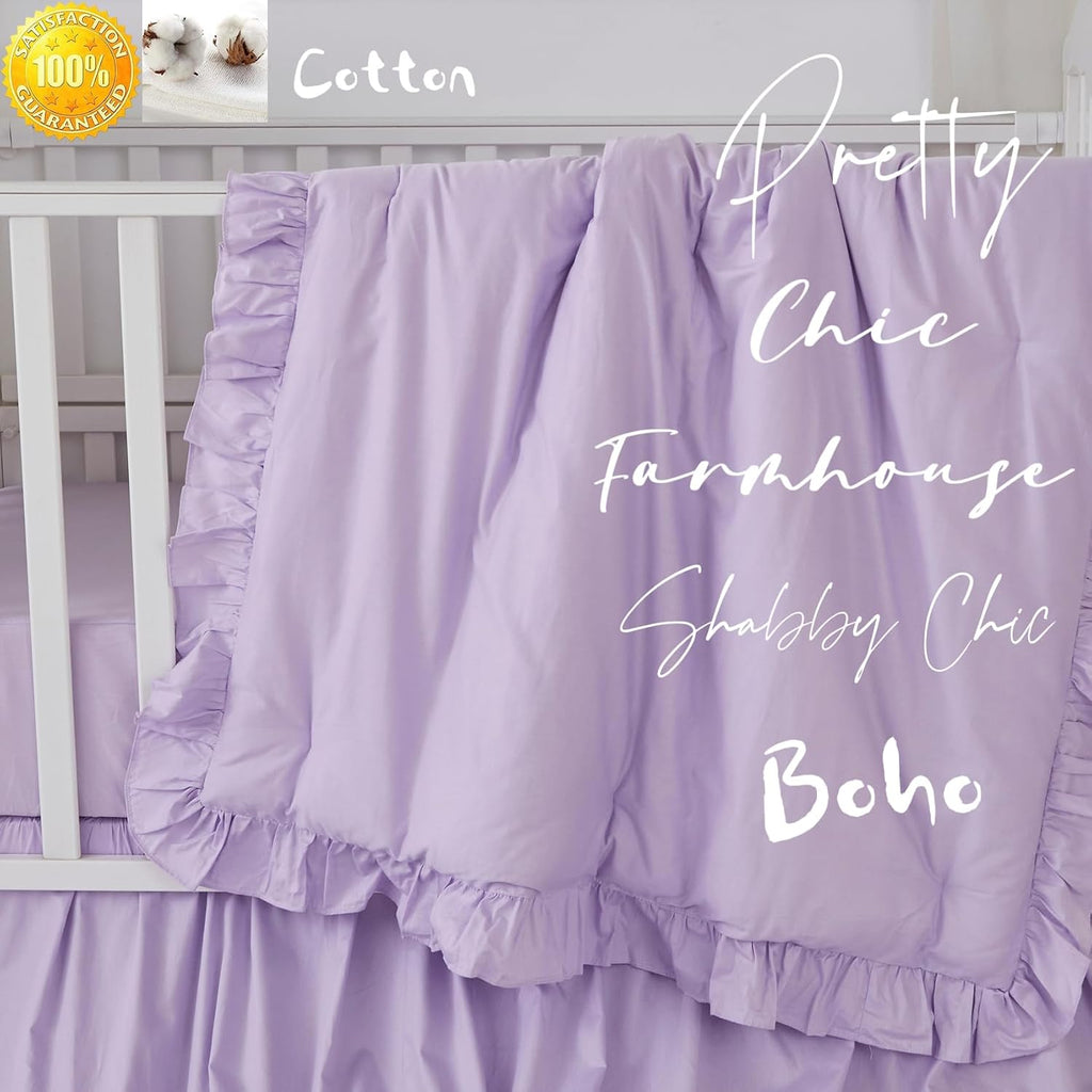 Brandream Farmhouse Crib Bedding Sets for Girls | 3 Piece Boho Chic Nursery Set Purple Baby Comforter, Fitted Crib Sheet, Crib Skirt Included, 100% Percale Cotton