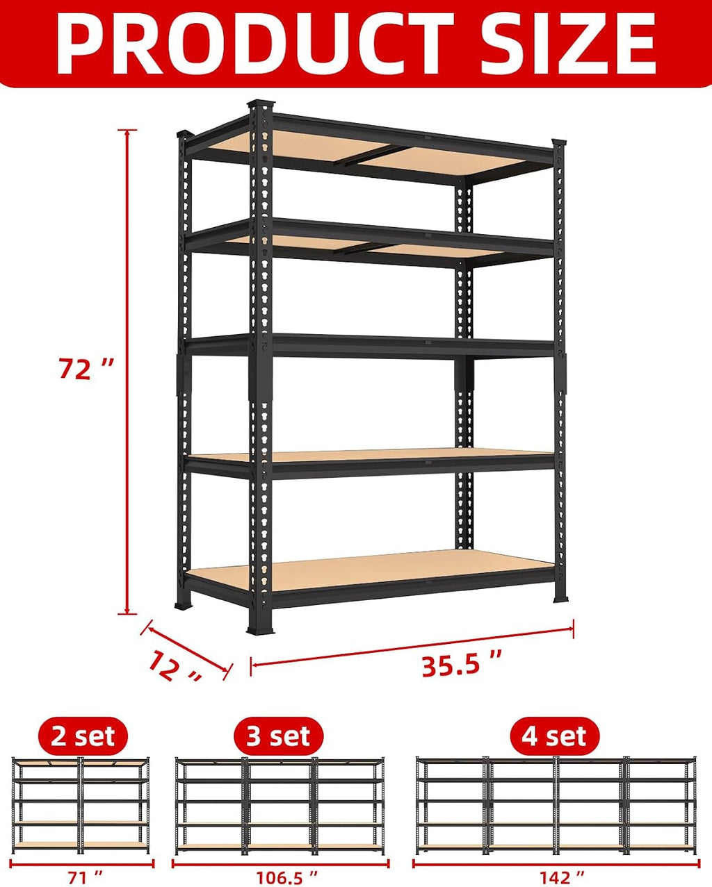 PrimeZone 35.5' x 12' x 72' Heavy Duty Storage Shelves - 5 Tier Adjustable Garage Storage Shelving, Metal Storage Utility Rack Shelf Unit for Warehouse Pantry Closet Kitchen, Black, 2 Pack