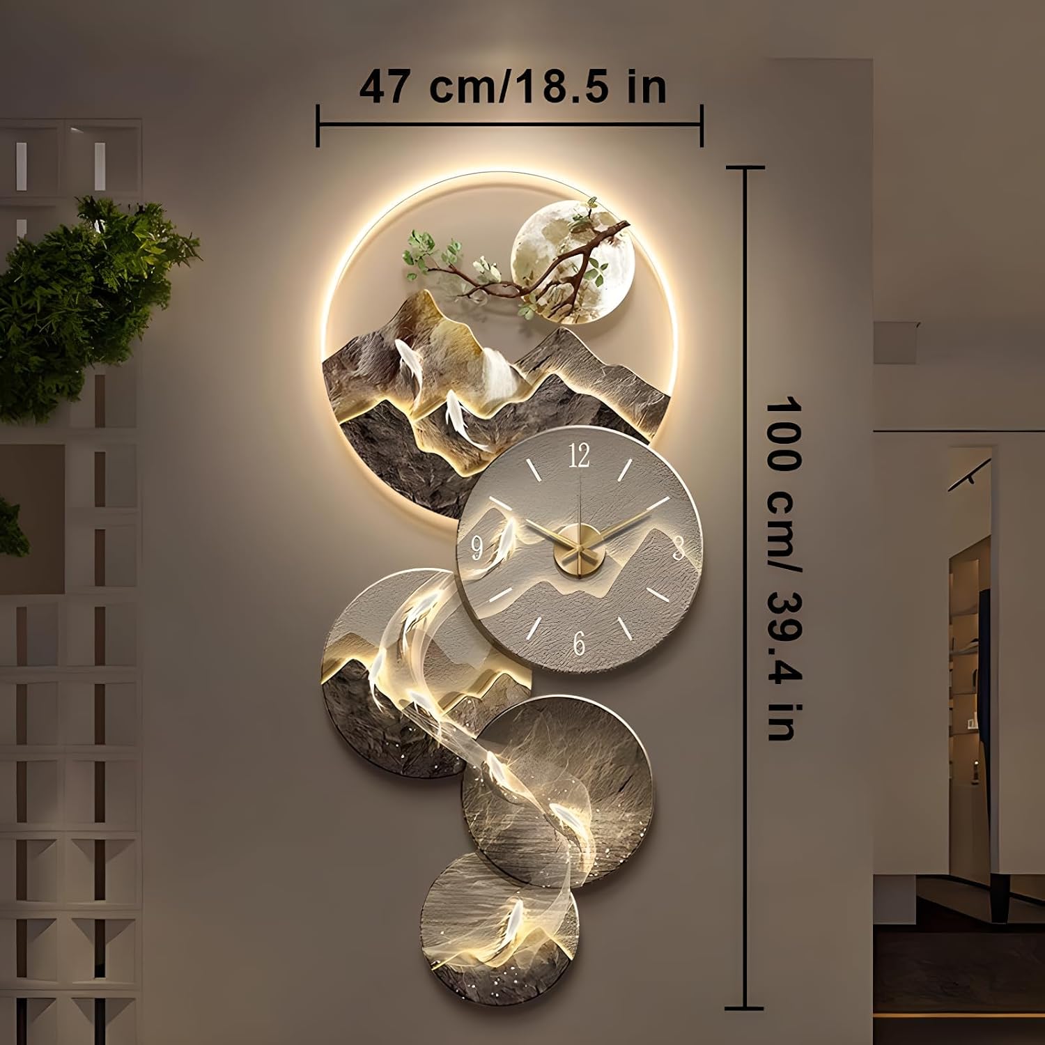 3D Wall Art Decor Clock, Large Wall Hanging Sculpture Painting with LED Light, Modern Home Decorative Wall Clock Art Decorations Lamp for Living Room Bedroom Entrance Office Decor