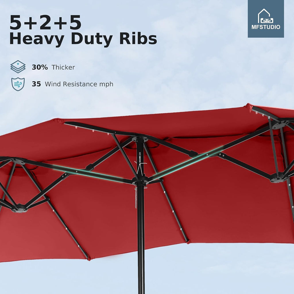 MFSTUDIO 15ft Patio Umbrella with Solar Lights, Outdoor Large Rectangular Umbrellas with Base, Crank Handle and 36 LED Lights for Yard Deck Pool, Burgundy Red