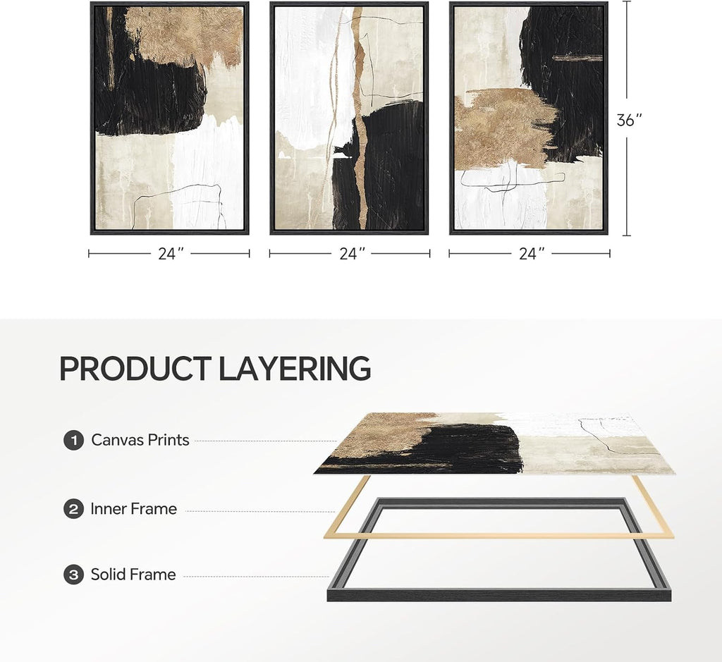 Framed Black and White Abstract Wall Art for Living Room, Large Gold 3 Piece Modern Canvas Prints Artwork for Walls, Black White and Gold Minimalist Paintings for Hallway Office Wall Decor, 24x36 Inch