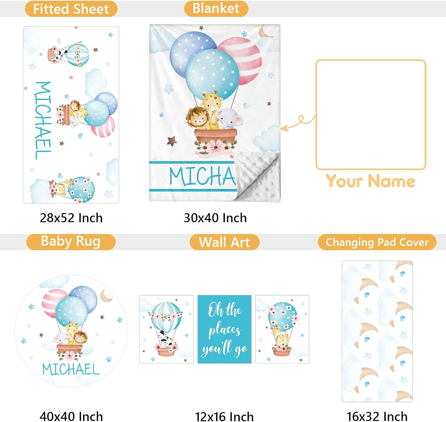 Terwex Personalized Baby Bedding Set, 5 Pcs Custom Toddlers Bedding Set with Infant Name, Double Layer Nursery Crib Set for Boys Girls, Customized Gifts for Infants Baby Shower, Hot Air Balloon Animal