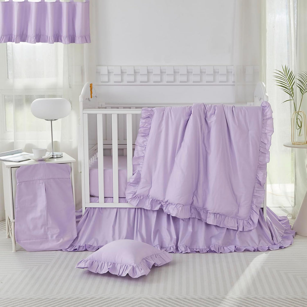 Brandream Farmhouse Crib Bedding Sets for Girls | 3 Piece Boho Chic Nursery Set Purple Baby Comforter, Fitted Crib Sheet, Crib Skirt Included, 100% Percale Cotton