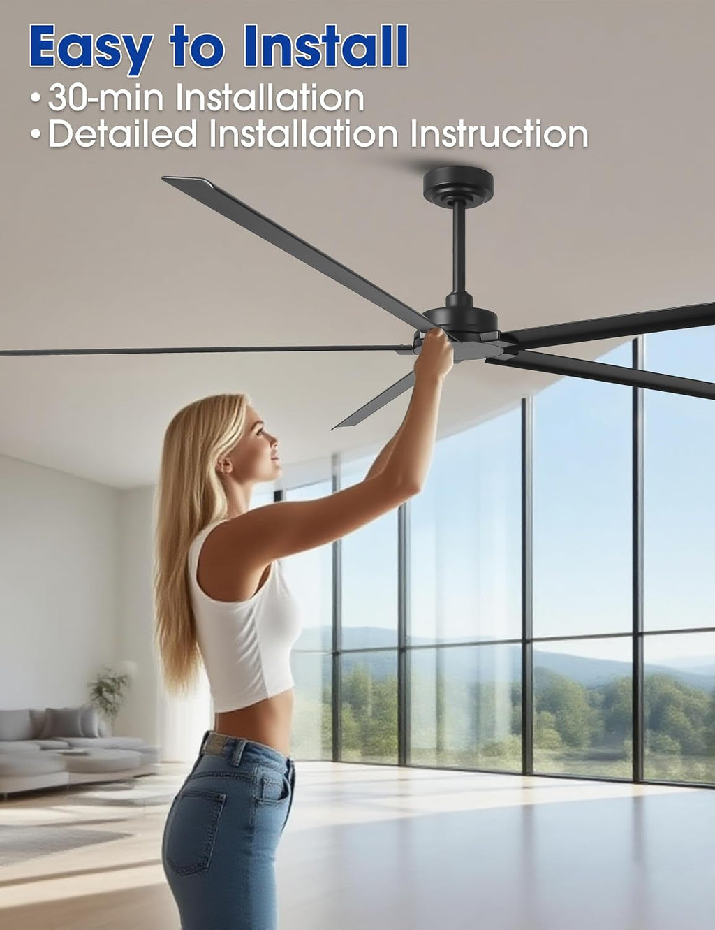 Waterproof Outdoor Ceiling Fans, 84' Industrial Black Ceiling Fans without Lights, Large DC Motor Ceiling Fan No Light with Reversible Aluminum Blade, Wet-rated Fan for Patio Gazebo Porch Living Room