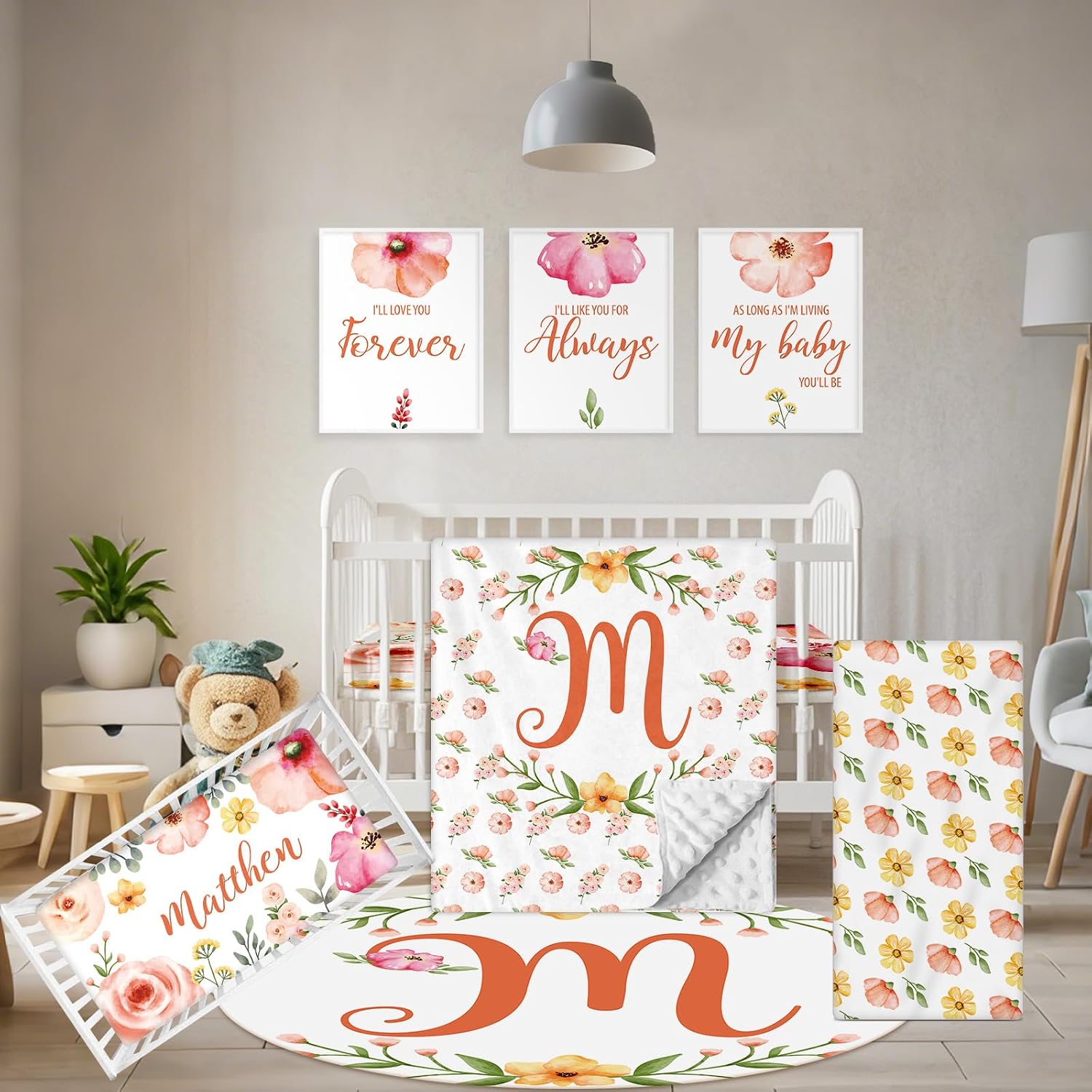 Terwex Custom Baby Bedding Set - 5 Pcs Customized Nursery Bedding Set with Name - Comfortable Double Layer Crib Sets for Girls Boys - Personalized Gifts for Toddler Infant New Parents - Orange Flowers