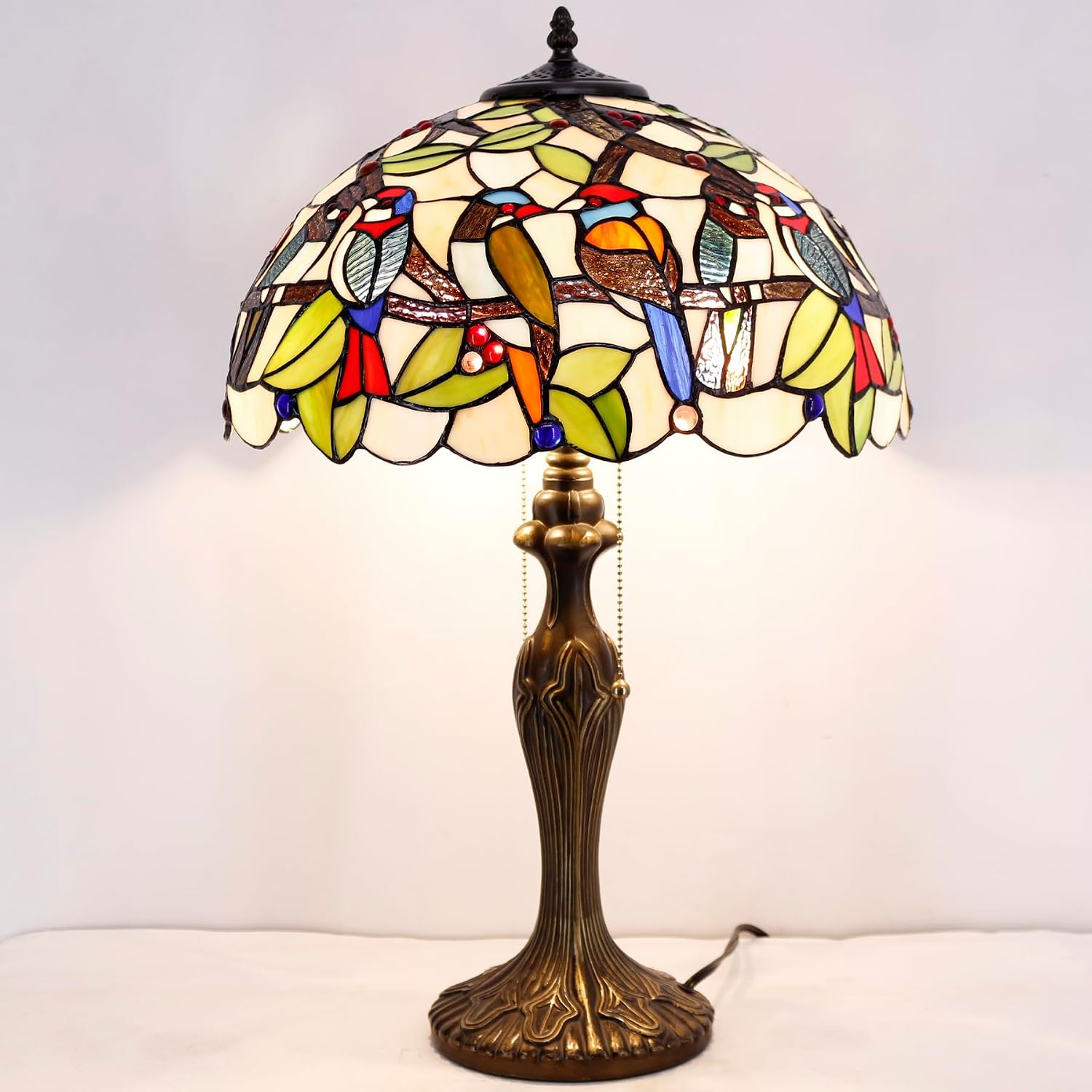 WERFACTORY Tiffany Table Lamp Colorful Stained Glass Birds Bedside Lamp 16X16X24 Inches Desk Reading Light Metal Base Decor Bedroom Living Room Home Office S805 Series
