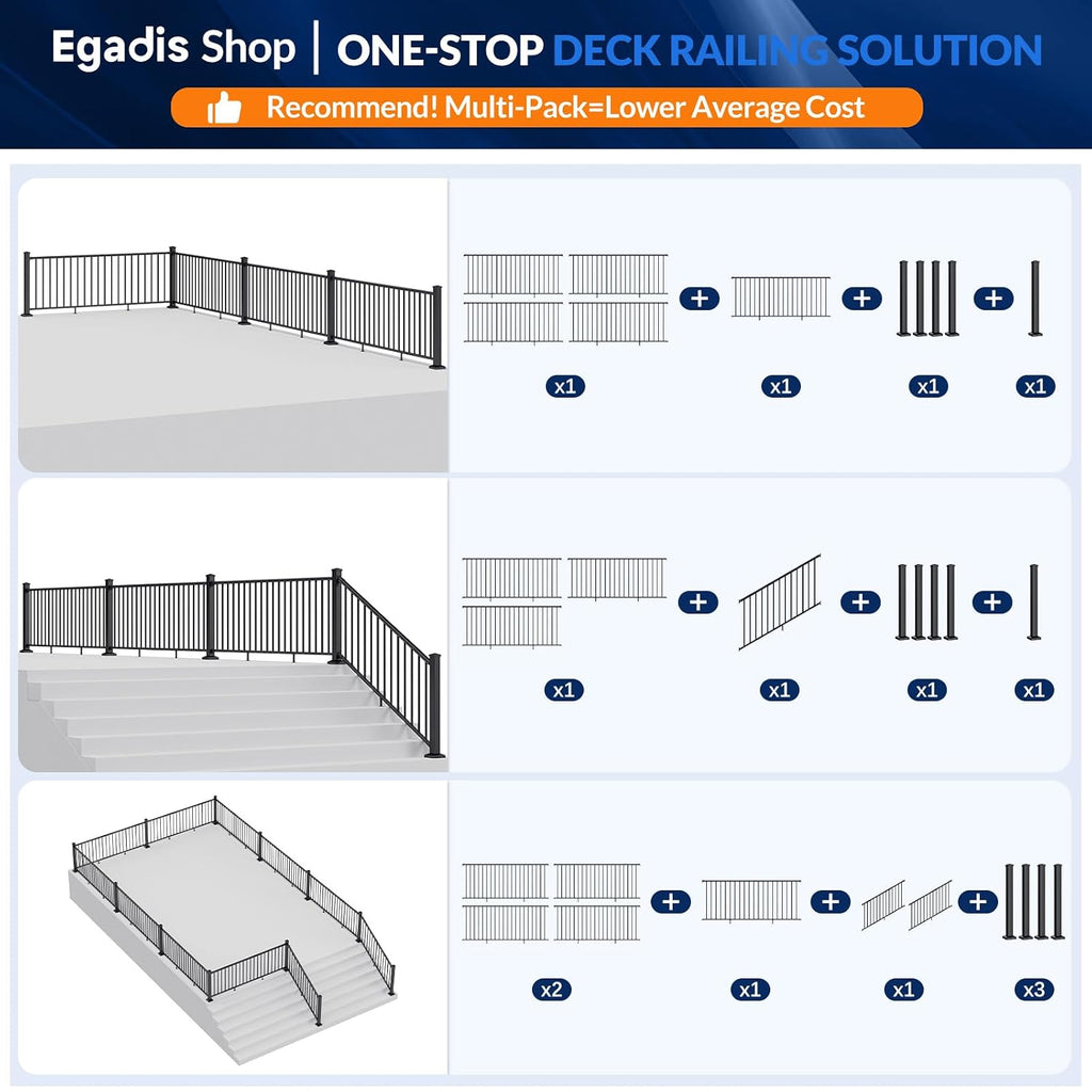 Egadis 3 Pack 3 in. x 3 in. x 39 in. Aluminum Railing Post, Porch and Deck Railing Post with Screws, Black Textured AAMA 2604 Powder-Coat Finish Stair Post for Decks, Porches & Balconies