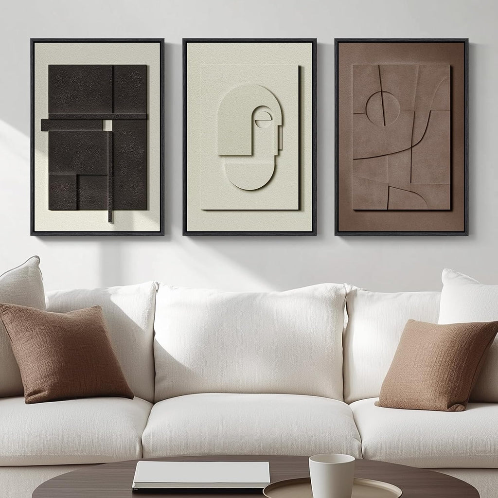 3D Textured Framed Abstract Wall Art, 3 Piece Modern Paintings Artwork for Walls, Black White Brown Geometric Sandstone Texture Pictures for Living Room Dining Room Bedroom Office Wall Decor 16x24 In