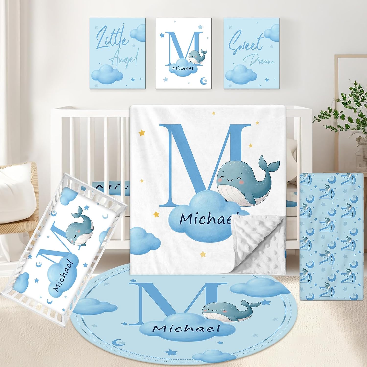 KAINSY Custom Crib Bedding Set, 5 Pcs Personalized Name Monogram Baby Crib Sets for Infants Toddlers, Blue Whale Nursery Bedding Set for Boys Girls, Double Layer Baby Bedding Sets Customized Gifts