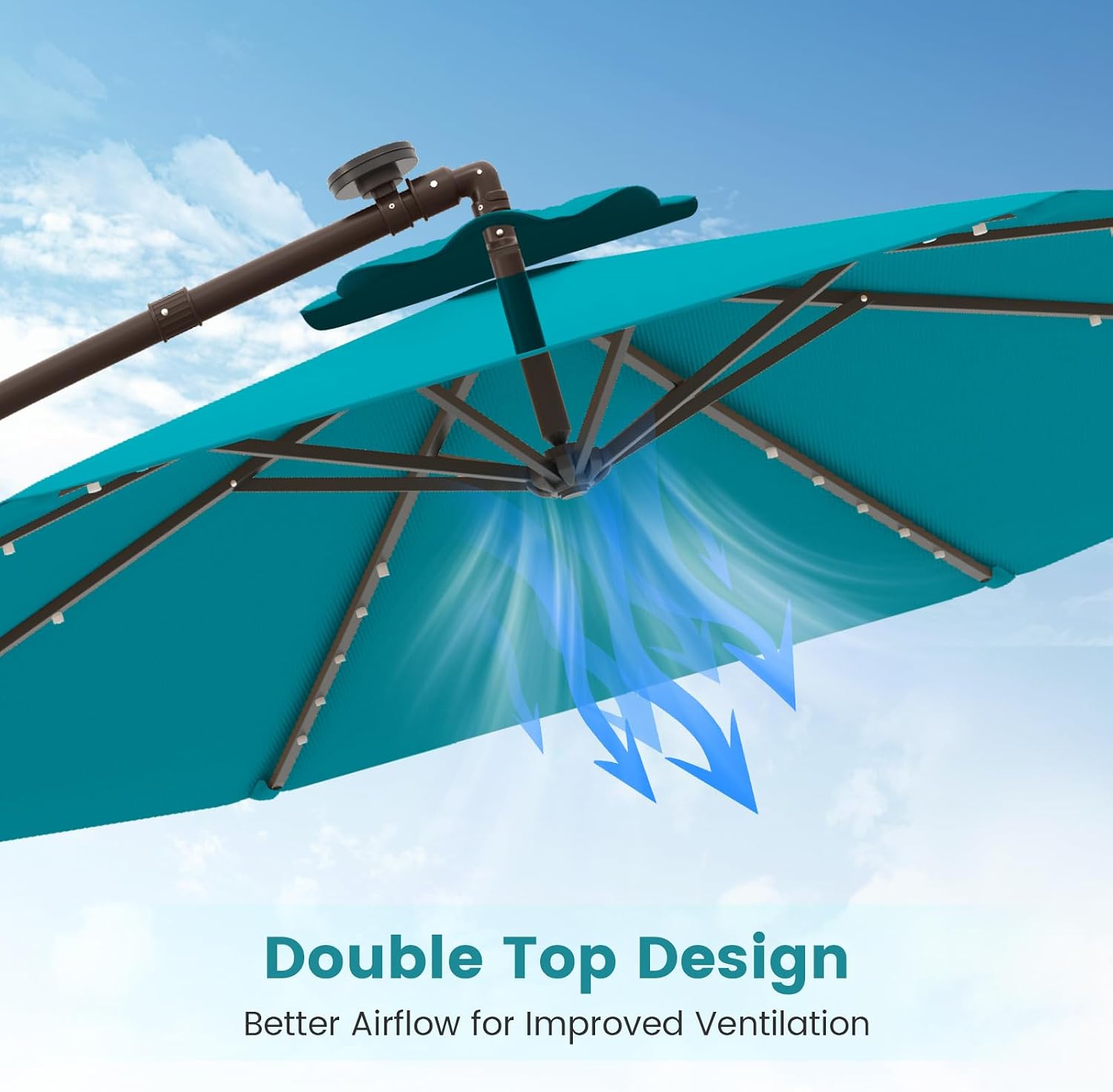 Tangkula 10FT Offset Patio Umbrella with Base Included, Outdoor Cantilever Umbrella with 40 Solar LED Lights, Tilt Adjustment, Crank Handle, Vented Top, Sand Bags for Pool Yard Deck (Turquoise)