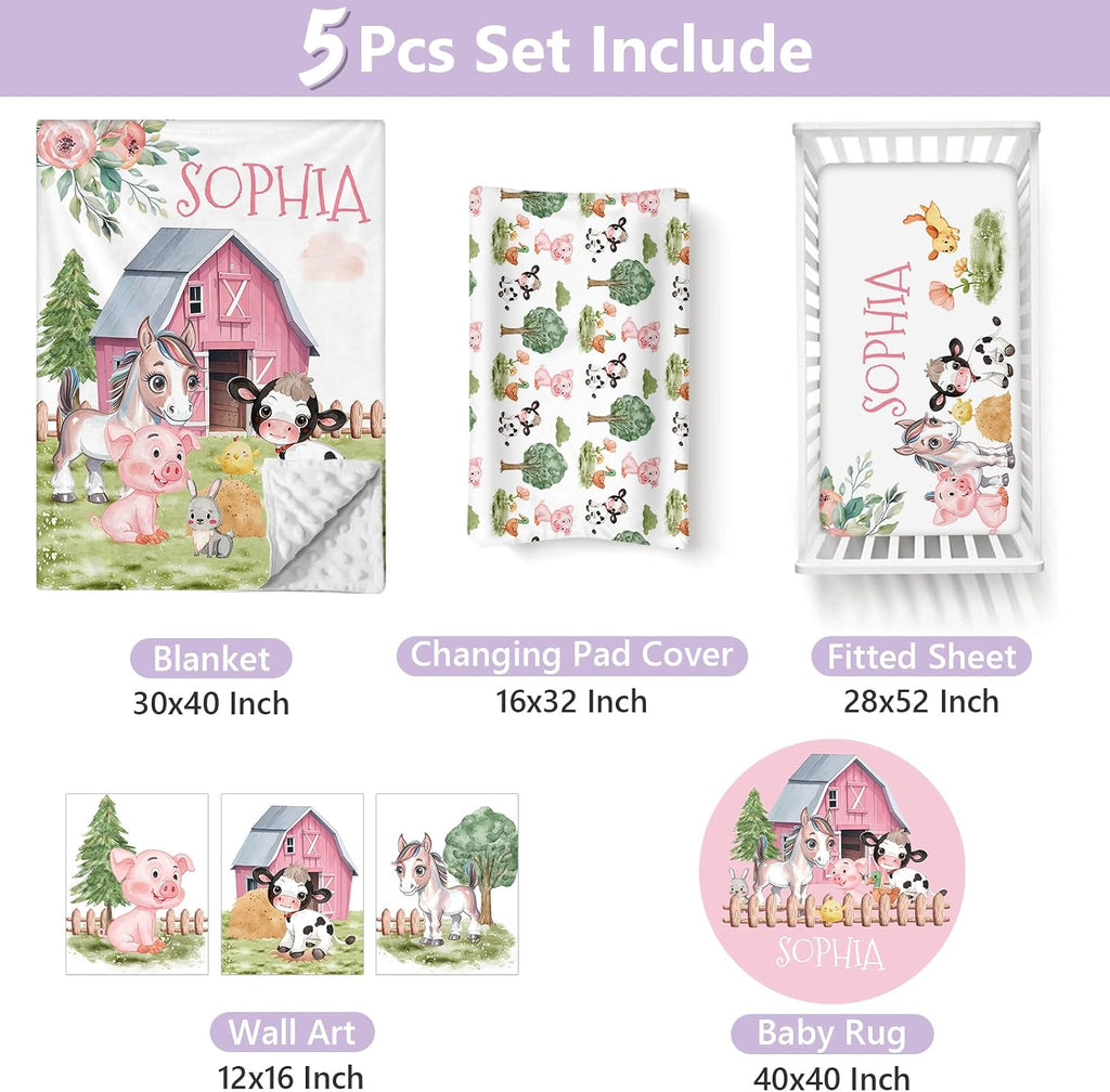 Personalized Baby Crib Bedding Set, 5 Pcs Custom Name Nursery Bedding Set for Girls Boys, Farm Animals Baby Crib Set for Toddlers Infants, Double Layer Bedding Crib Sets Customized Gifts
