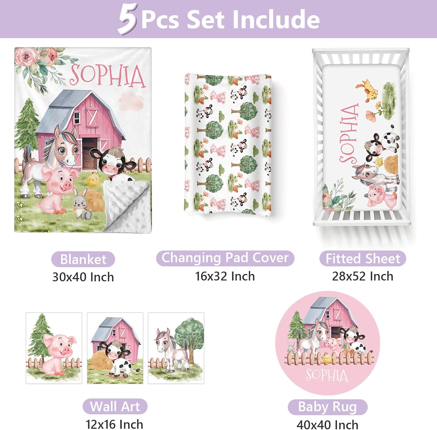 Personalized Baby Crib Bedding Set, 5 Pcs Custom Name Nursery Bedding Set for Girls Boys, Farm Animals Baby Crib Set for Toddlers Infants, Double Layer Bedding Crib Sets Customized Gifts