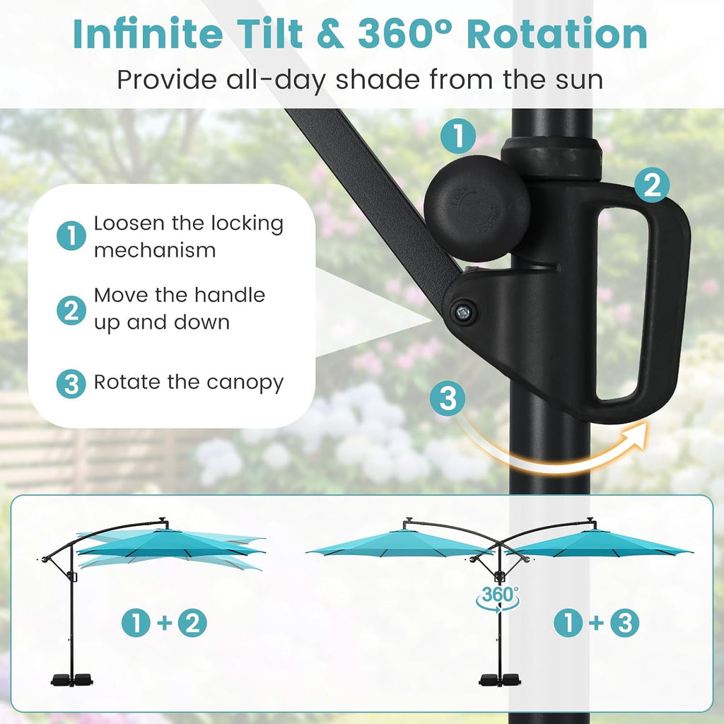 Tangkula 10 FT Solar Patio Umbrella with Base Included, Cantilever Offset Hanging Outdoor Umbrella with 96 Multi-Colored Flowing LED Lights, 9 Modes, Tilt Adjustment, 360° Rotation, Crank for Pool Yard Deck Lawn (Turquoise)