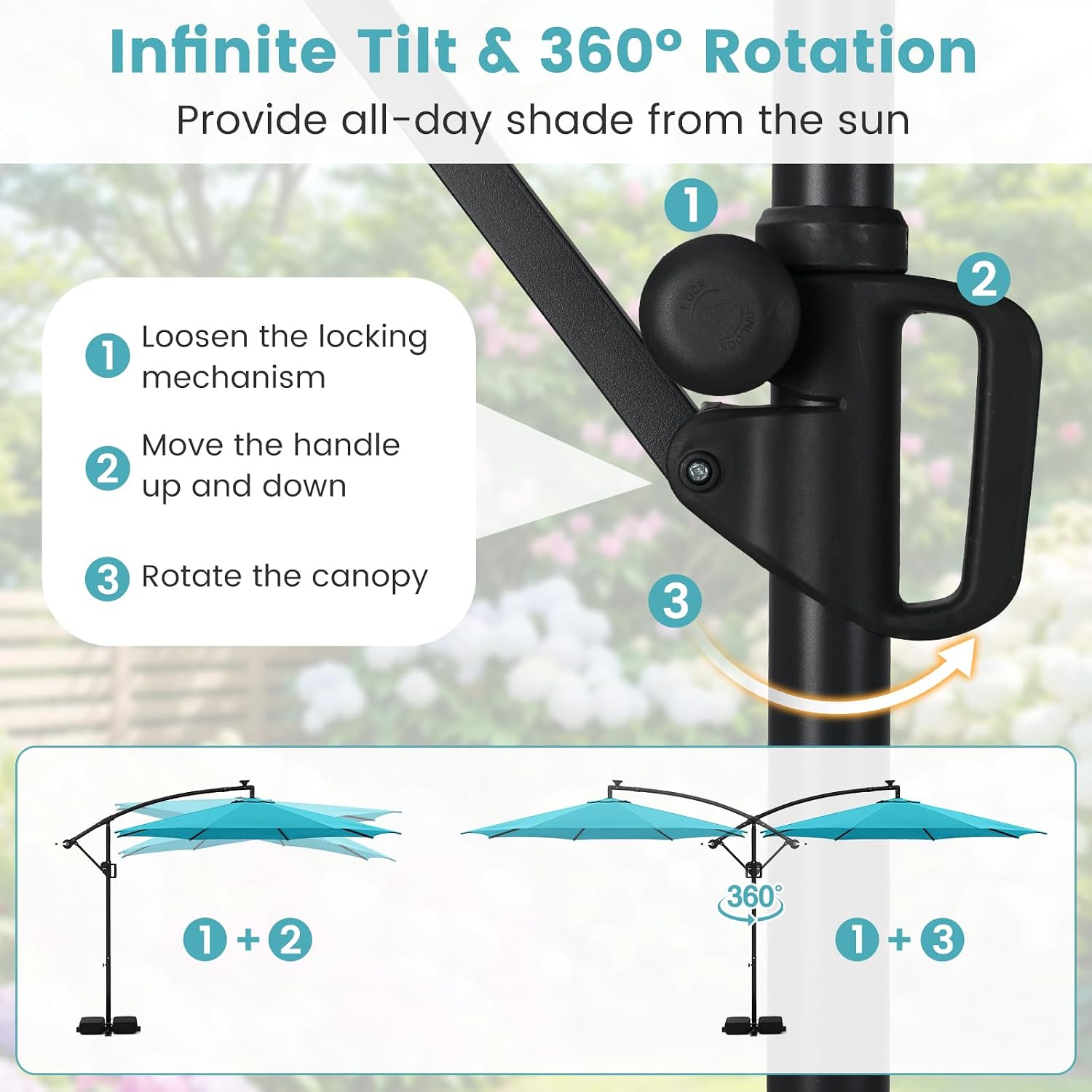 Tangkula 10 FT Solar Patio Umbrella with Base Included, Cantilever Offset Hanging Outdoor Umbrella with 96 Multi-Colored Flowing LED Lights, 9 Modes, Tilt Adjustment, 360° Rotation, Crank for Pool Yard Deck Lawn (Turquoise)
