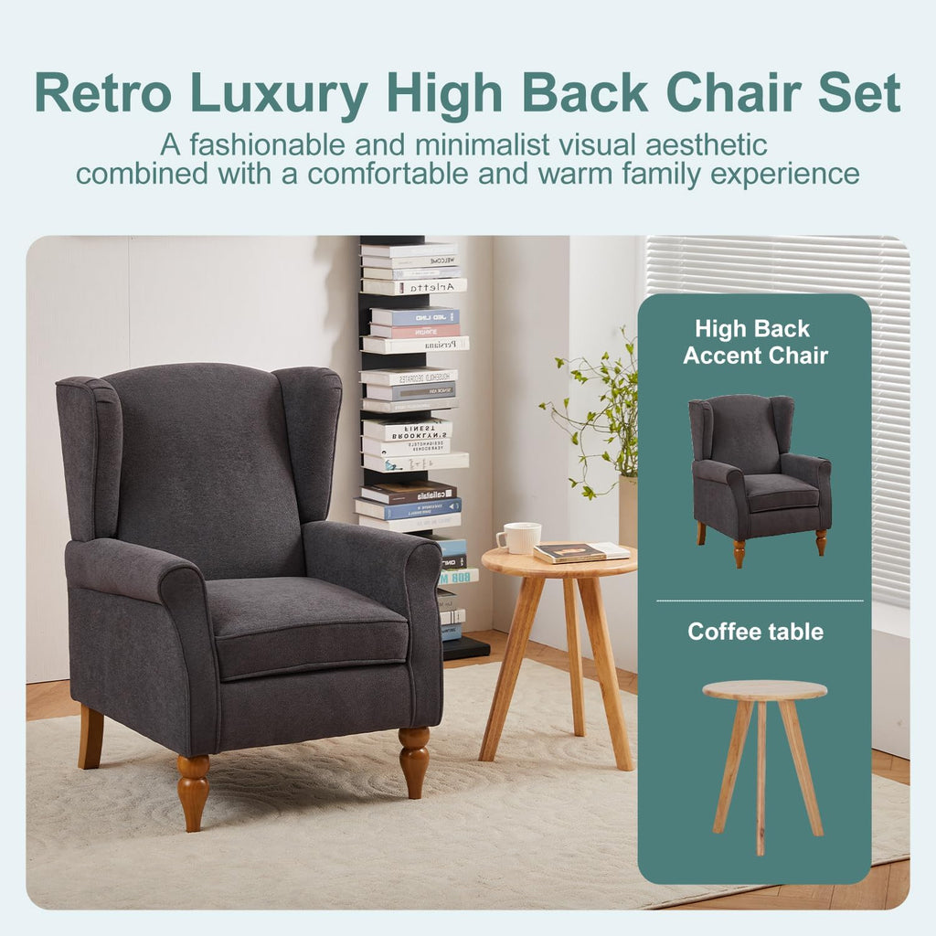 Mid-Century High Wingback Chair Set of 2,Modern Fabric Accent Chair Armchair with Solid Wood Coffee Table Set,Leisure Single Sofa Chair for Living Room,Club,Home Reception,Antique Dark Grey