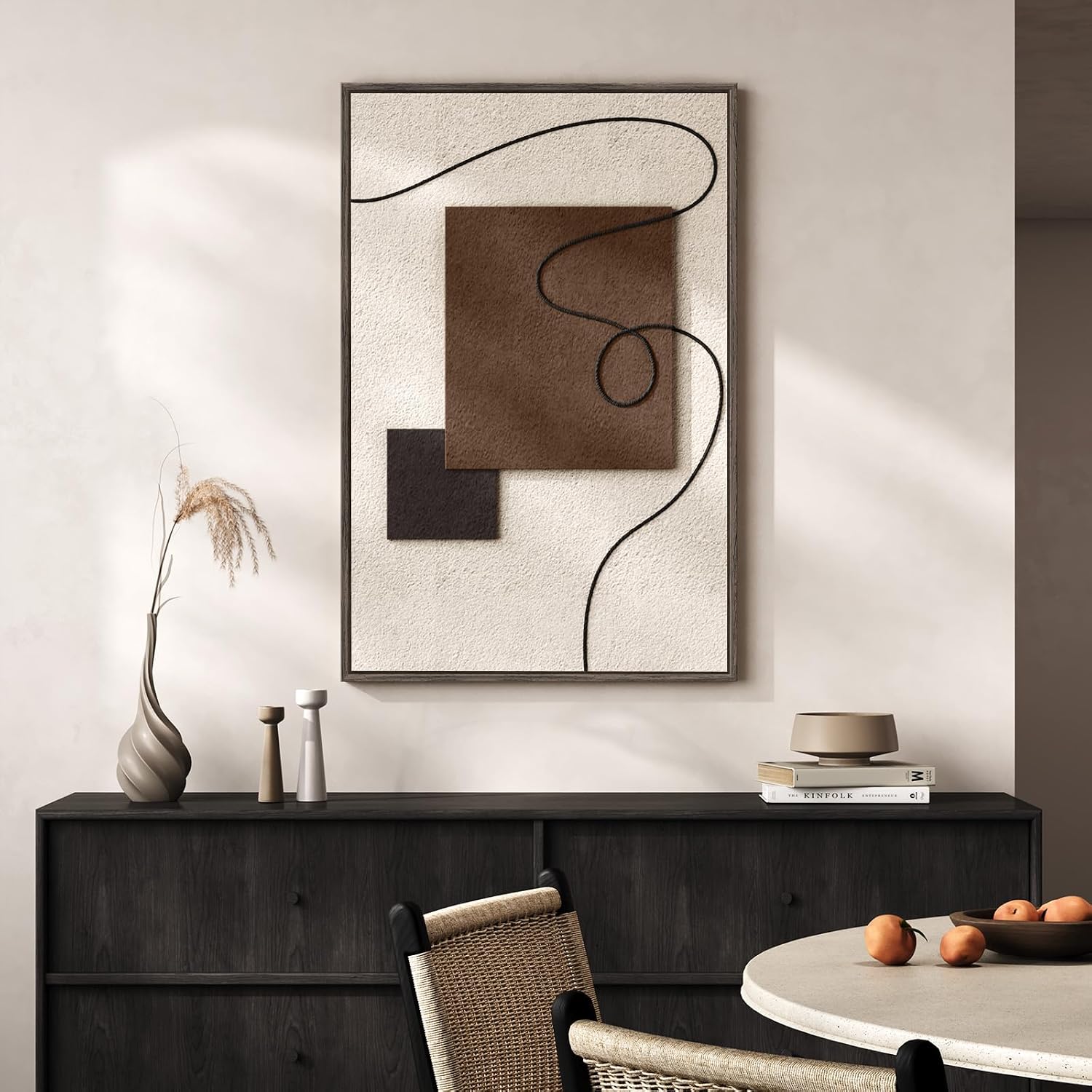 3D Textured Framed Neutral Abstract Wall Art, Modern Beige and Brown Block and Rope Paintings Artwork for Walls, Minimalist Pictures for Living Room Dining Room Bedroom Entryway Wall Decor 24x36 In