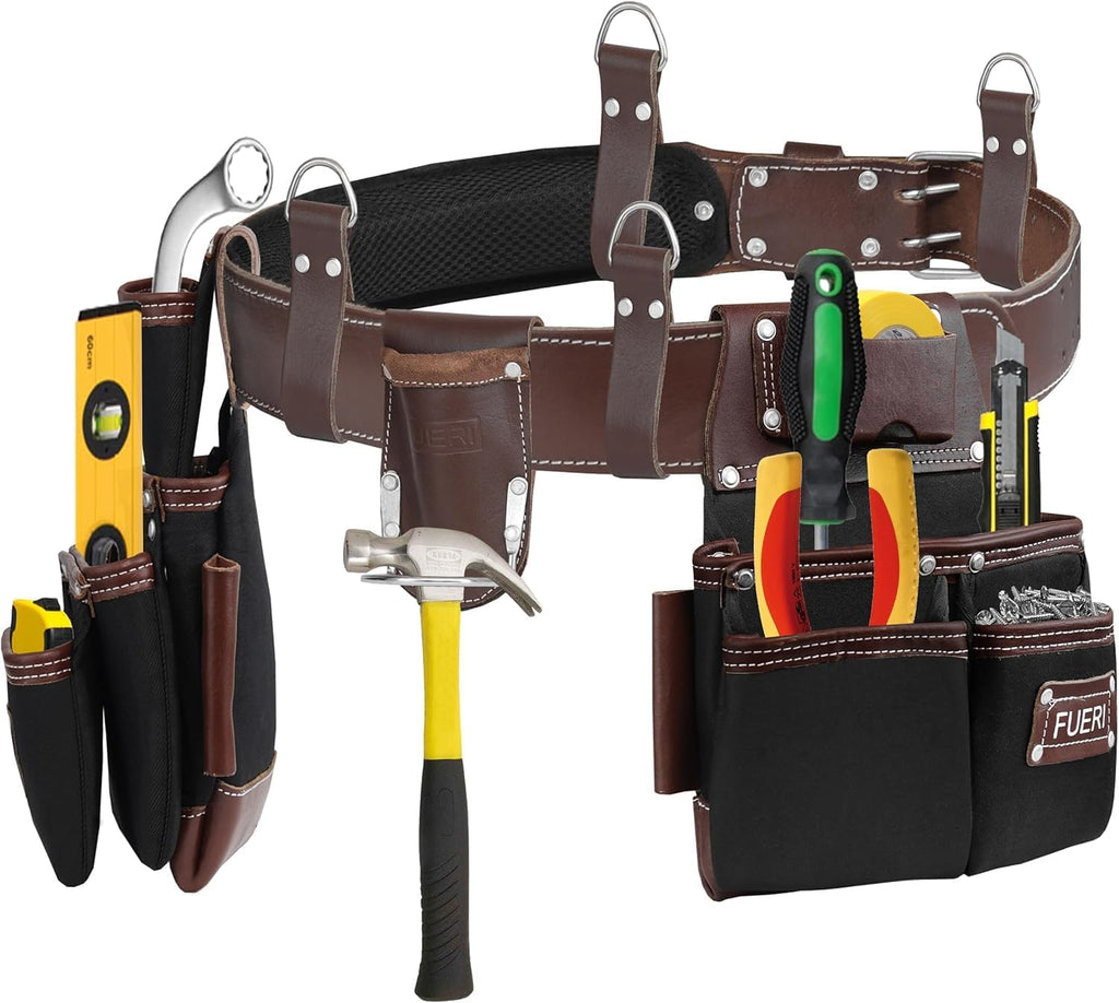 FUERI Nylon Tool Belt Bags Pouches Heavy Duty for Men Construction Carpenter Electrician Framer Work Black & Brown