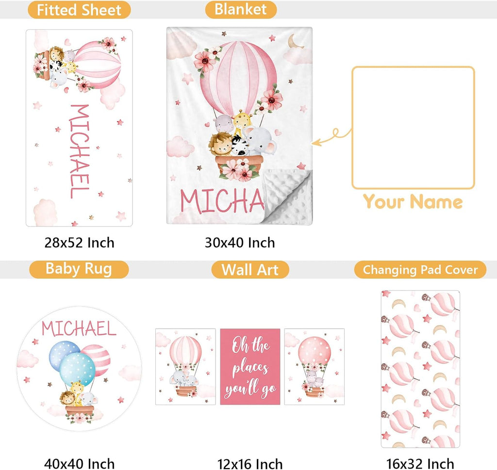 Terwex Personalized Baby Bedding Set, 5 Pcs Custom Infants Bedding Set with Infant Name, Double Layer Crib Set for Boys Girls, Customized Gifts for Nursery Toddlers Baby Shower, Hot Air Balloon Animal