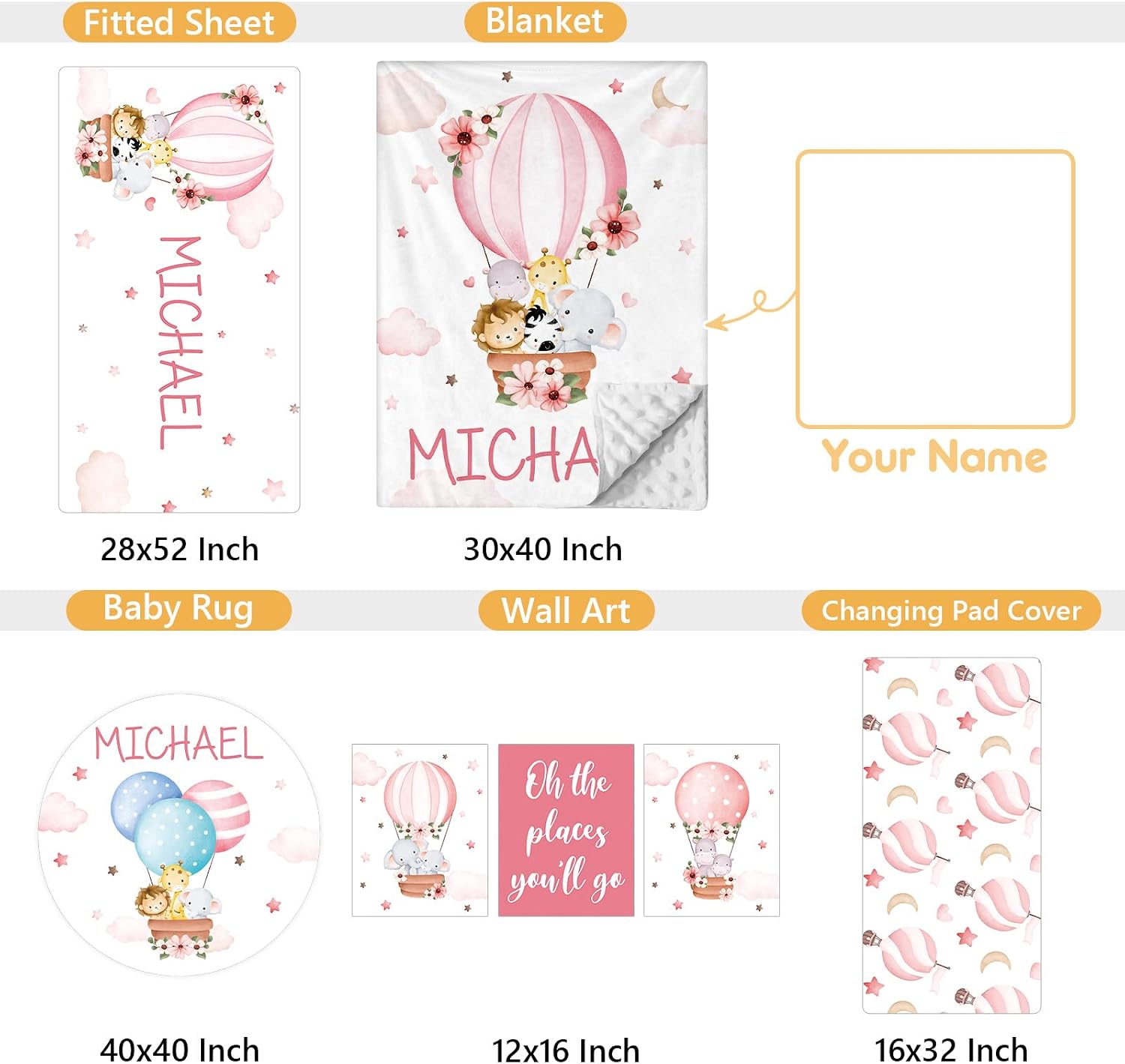 Terwex Personalized Baby Bedding Set, 5 Pcs Custom Infants Bedding Set with Infant Name, Double Layer Crib Set for Boys Girls, Customized Gifts for Nursery Toddlers Baby Shower, Hot Air Balloon Animal