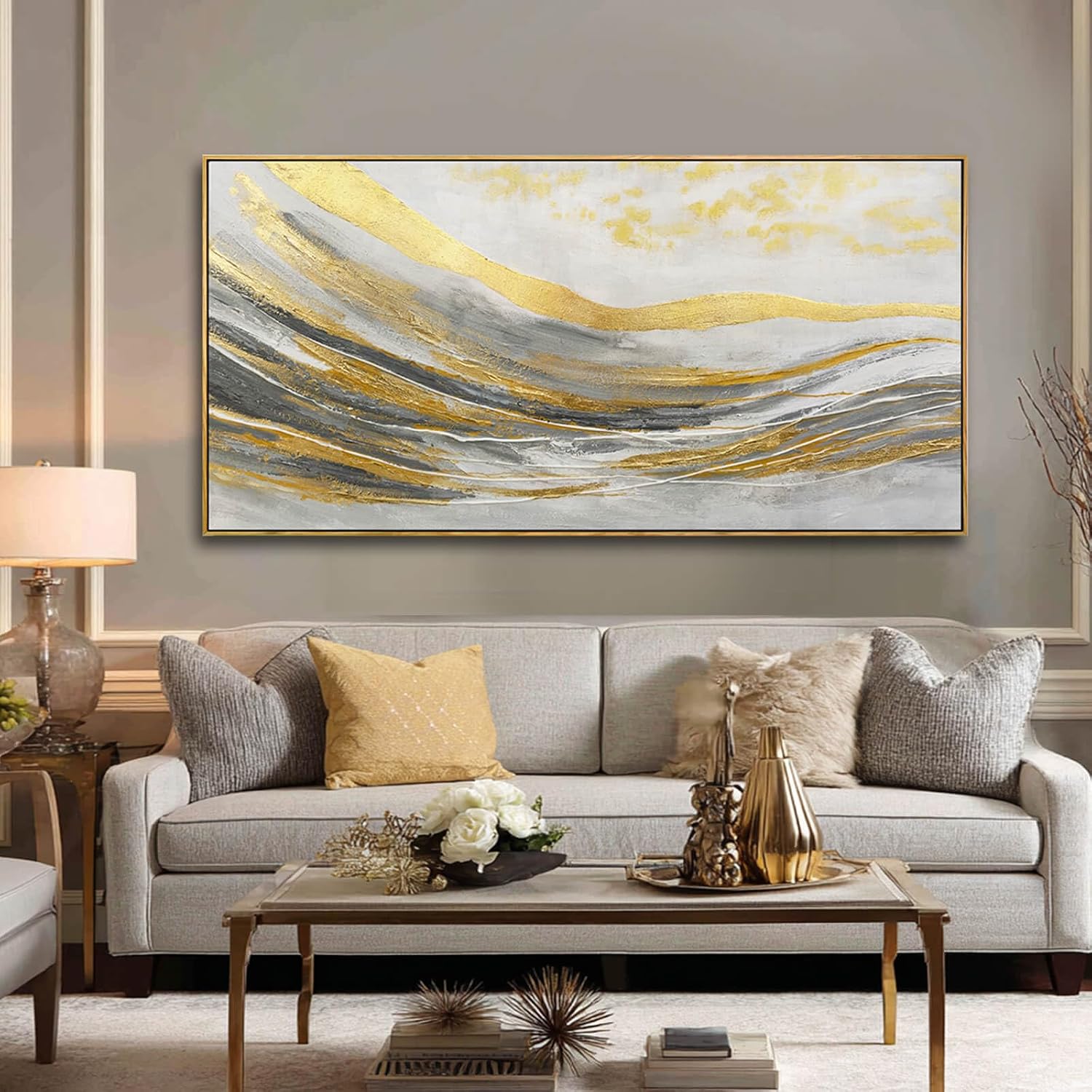 Artexist Abstract Wall Decor Modern Canvas Poster Gold Foil Wood Wall Art 24'x48' Pictures for Bedroom Wall Posters for Dining Room Area