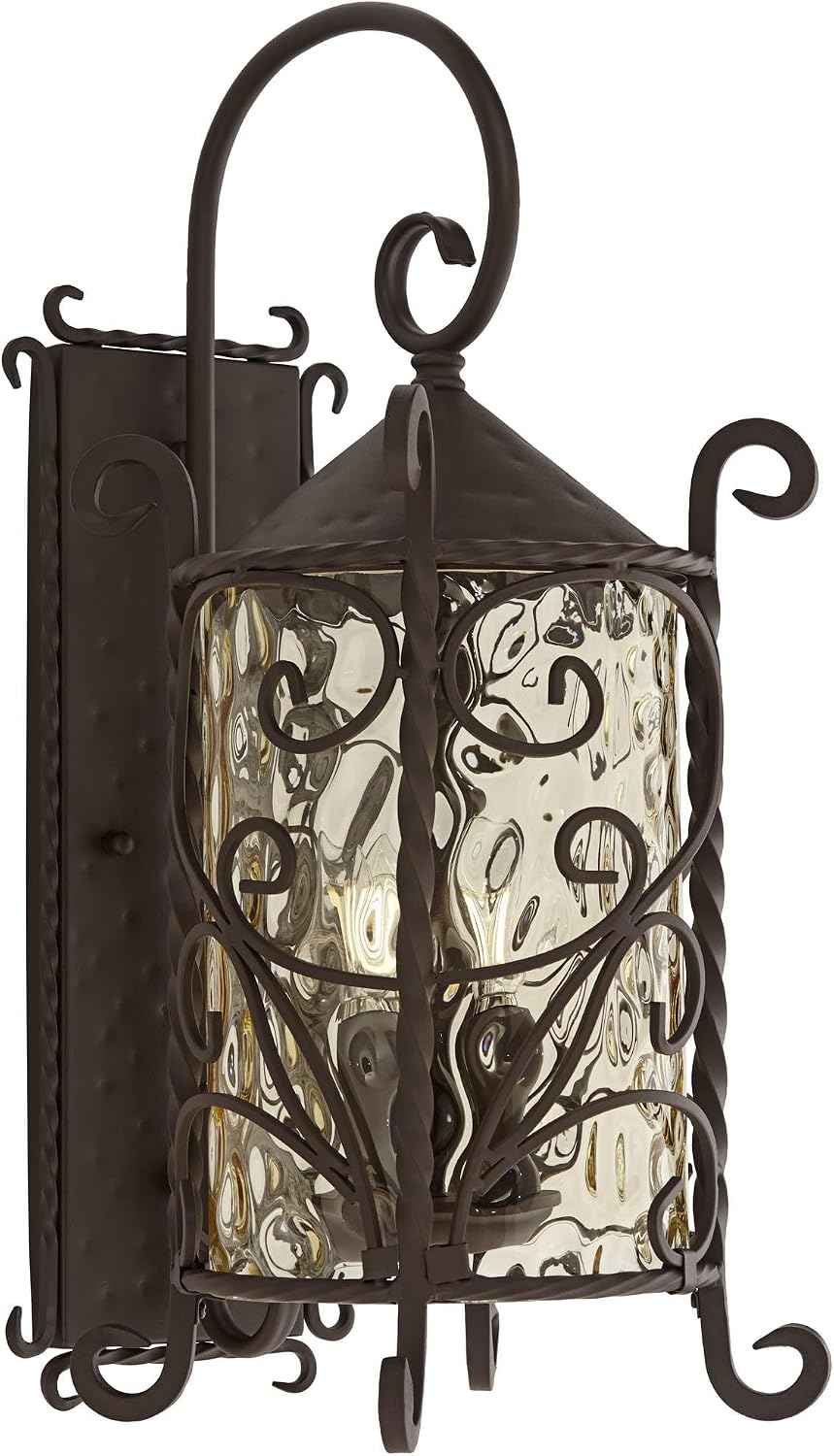 John Timberland Casa Seville Rustic Outdoor Wall Light Fixture Lantern Dark Walnut Iron Scroll 23 3/4' Hammered Glass Decor for Exterior House Porch Patio Outside Deck Garage Front Door Home