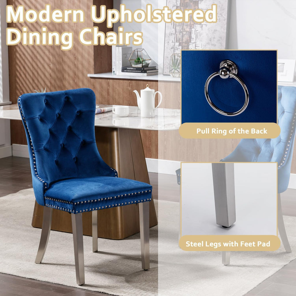 2 Piece Contemporary Velvet Upholstered Dining Chair with Chrome Stainless Steel Plating Legs, Nail Head Decro, Armless Tufted Dining Chair Fabric Dining Room Chair (Blue&Silver, Set of 2)
