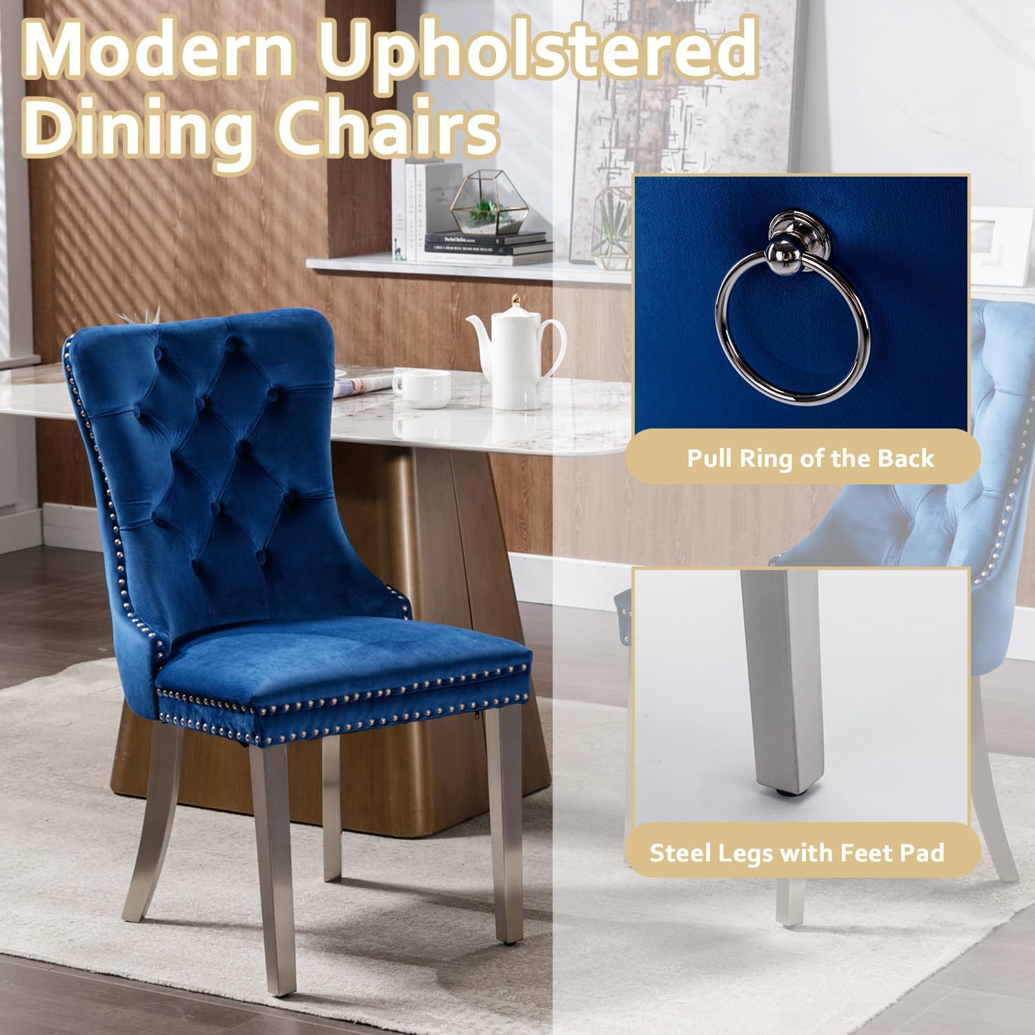 2 Piece Contemporary Velvet Upholstered Dining Chair with Chrome Stainless Steel Plating Legs, Nail Head Decro, Armless Tufted Dining Chair Fabric Dining Room Chair (Blue&Silver, Set of 2)