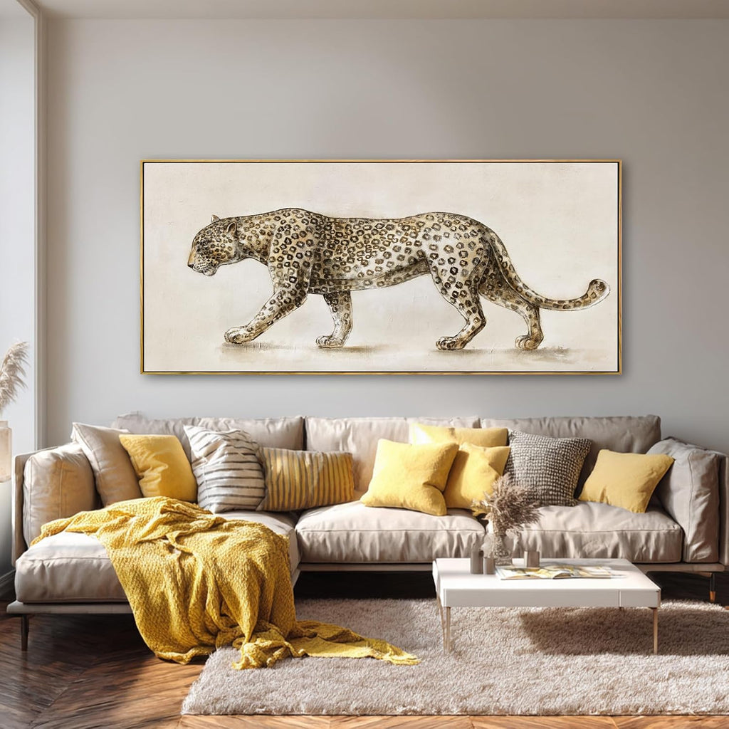 Leopard Canvas Wall Art, Neutral Animal Framed Artwork, Extra Wide Horizontal Wall Decor, Large 32×70 Inch Art for Living Room Bedroom Over Sofa