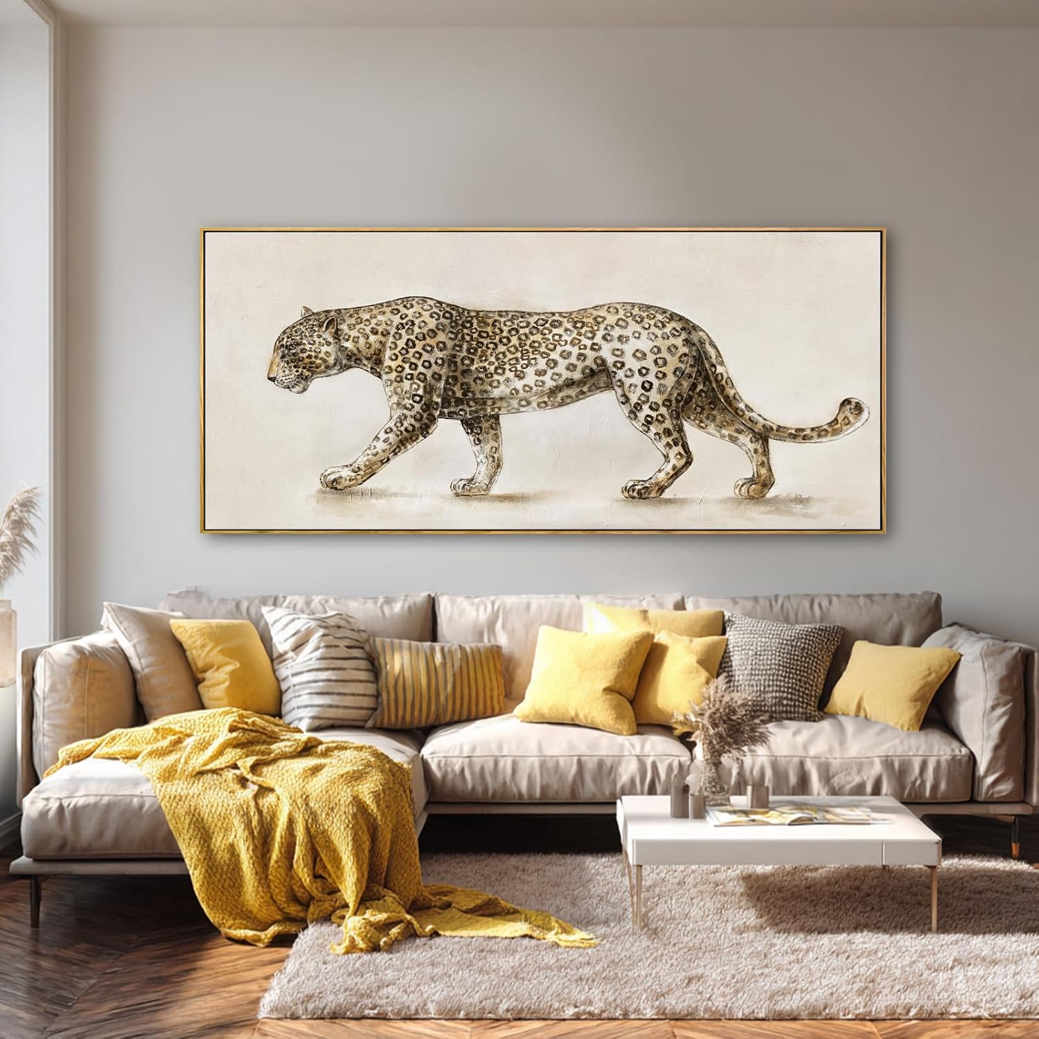 Leopard Canvas Wall Art, Neutral Animal Framed Artwork, Extra Wide Horizontal Wall Decor, Large 32×70 Inch Art for Living Room Bedroom Over Sofa