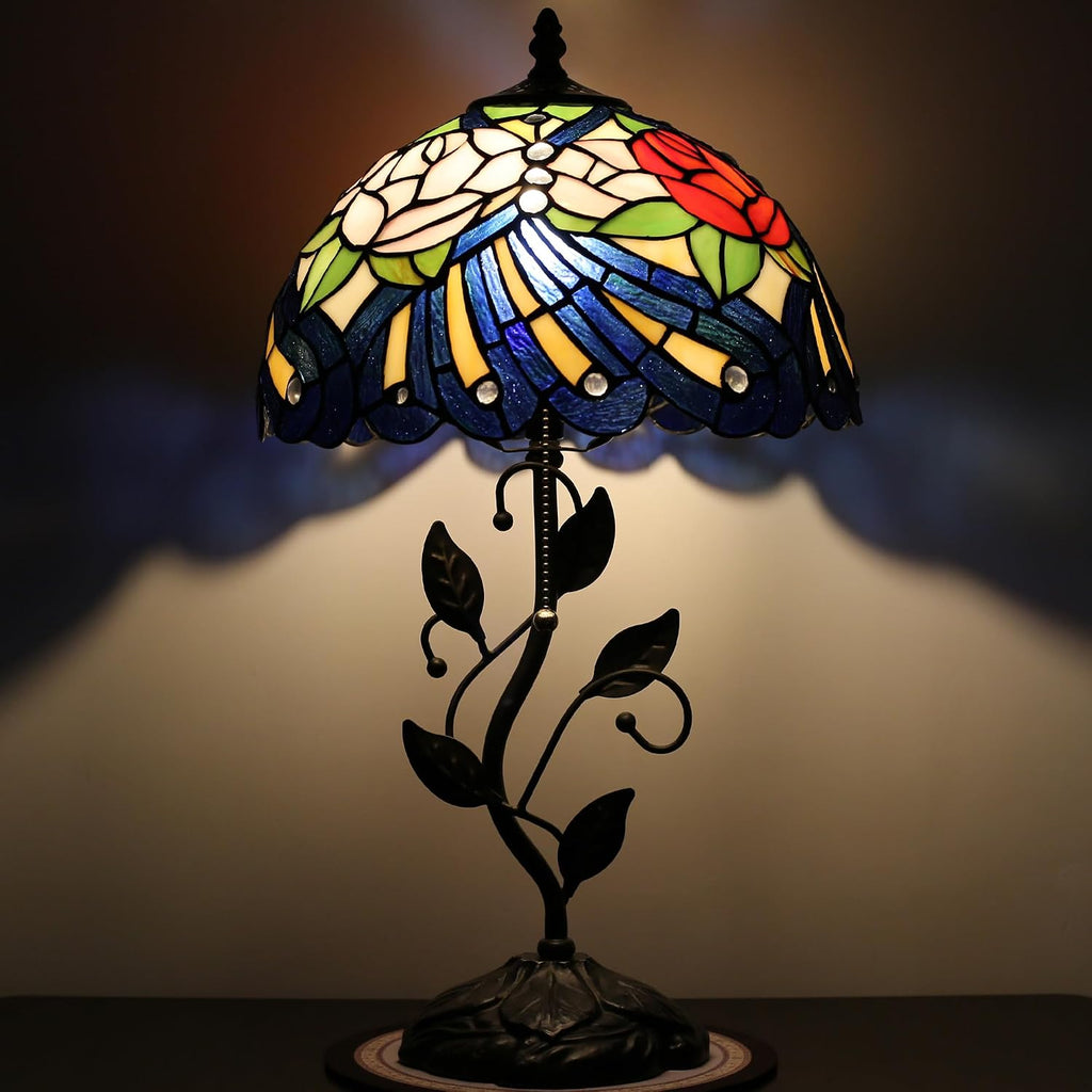 Tiffany Lamp Stained Glass Style Table Lamp Rose Style Bedside Desk Reading Light W12H19 Inch Metal Leaf Base with Metal Leaf Base