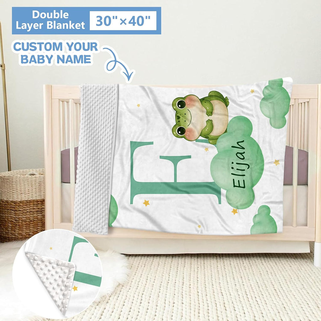 KAINSY Custom Crib Bedding Set, 5 Pcs Personalized Name Monogram Baby Crib Sets for Infants Toddlers, Green Frog Nursery Bedding Set for Boys Girls, Double Layer Baby Bedding Sets Customized Gifts