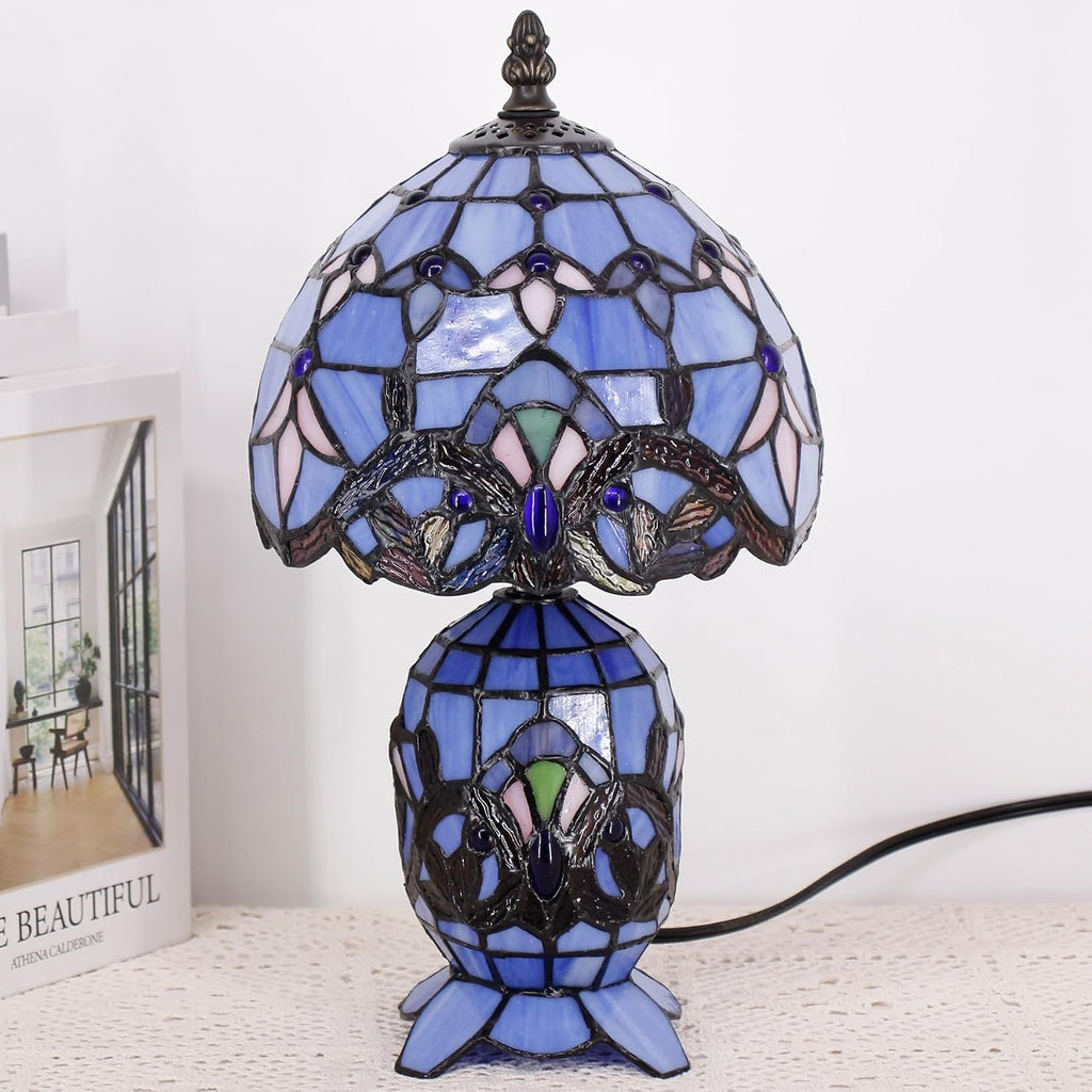 Small Tiffany Lamp Stained Glass Table Lamp Mini Mother Daughter Vase Desk Accent Light for Bedroom Bedside Reading Home Antique Style Decor 8X14 Inches (Blue Baroque)